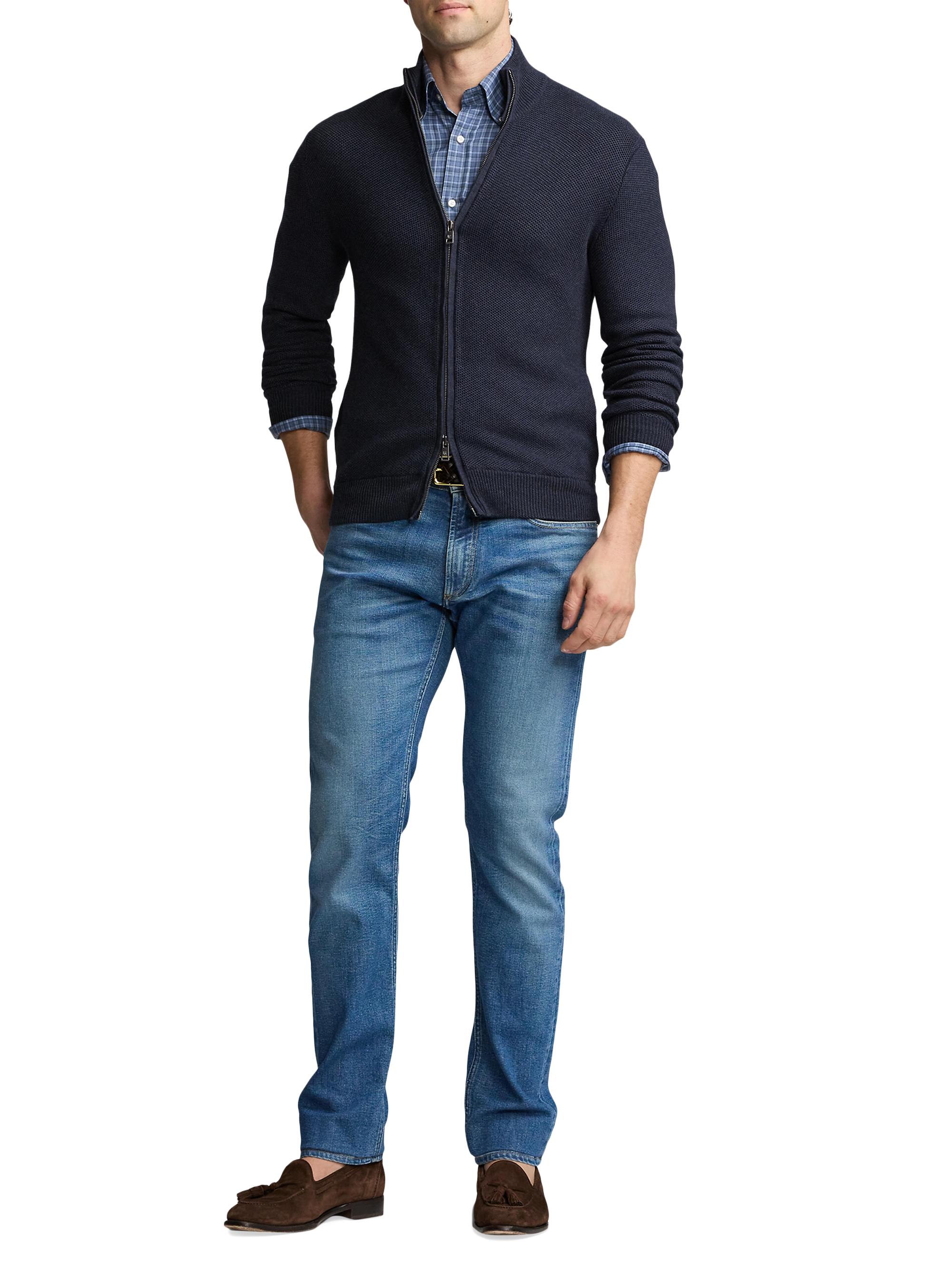 Ralph Lauren Purple Label Men's Mock Turtleneck Silk-Cotton Zip Sweater - Dark Slate Melange Blue