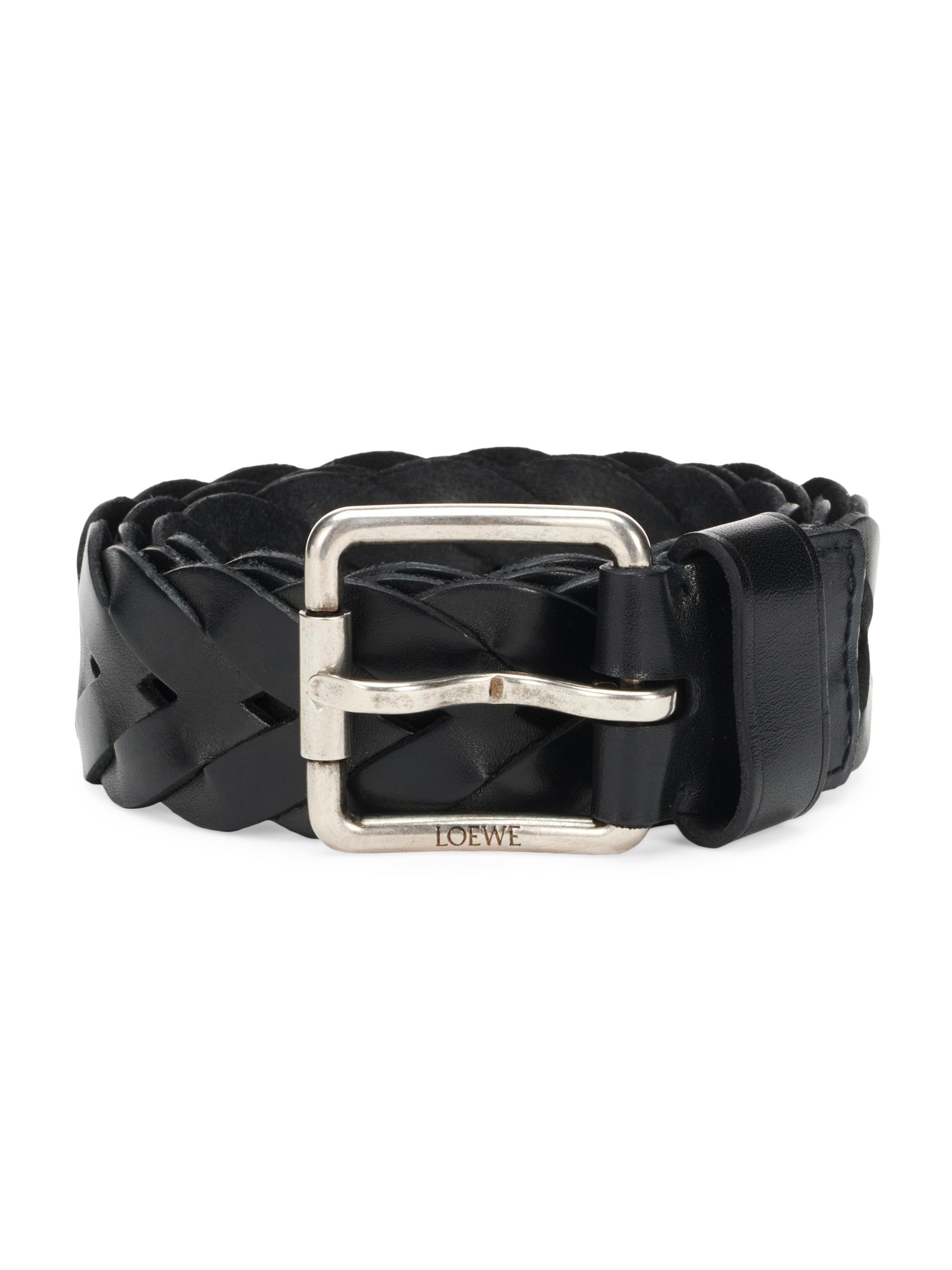 LOEWE Men's Roller Curve Woven Leather Belt - Black Vintage Palladium