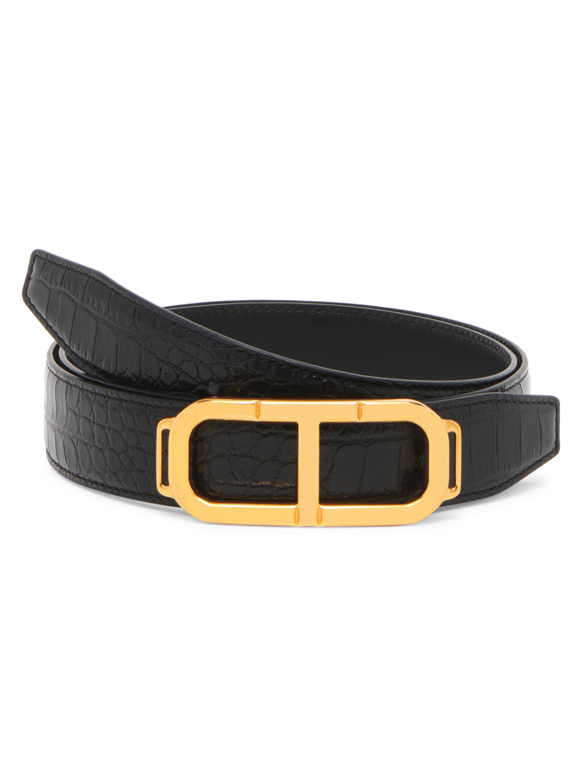 TOM FORD Men's Shiny Croc-Embossed Stadium T Belt - Black
