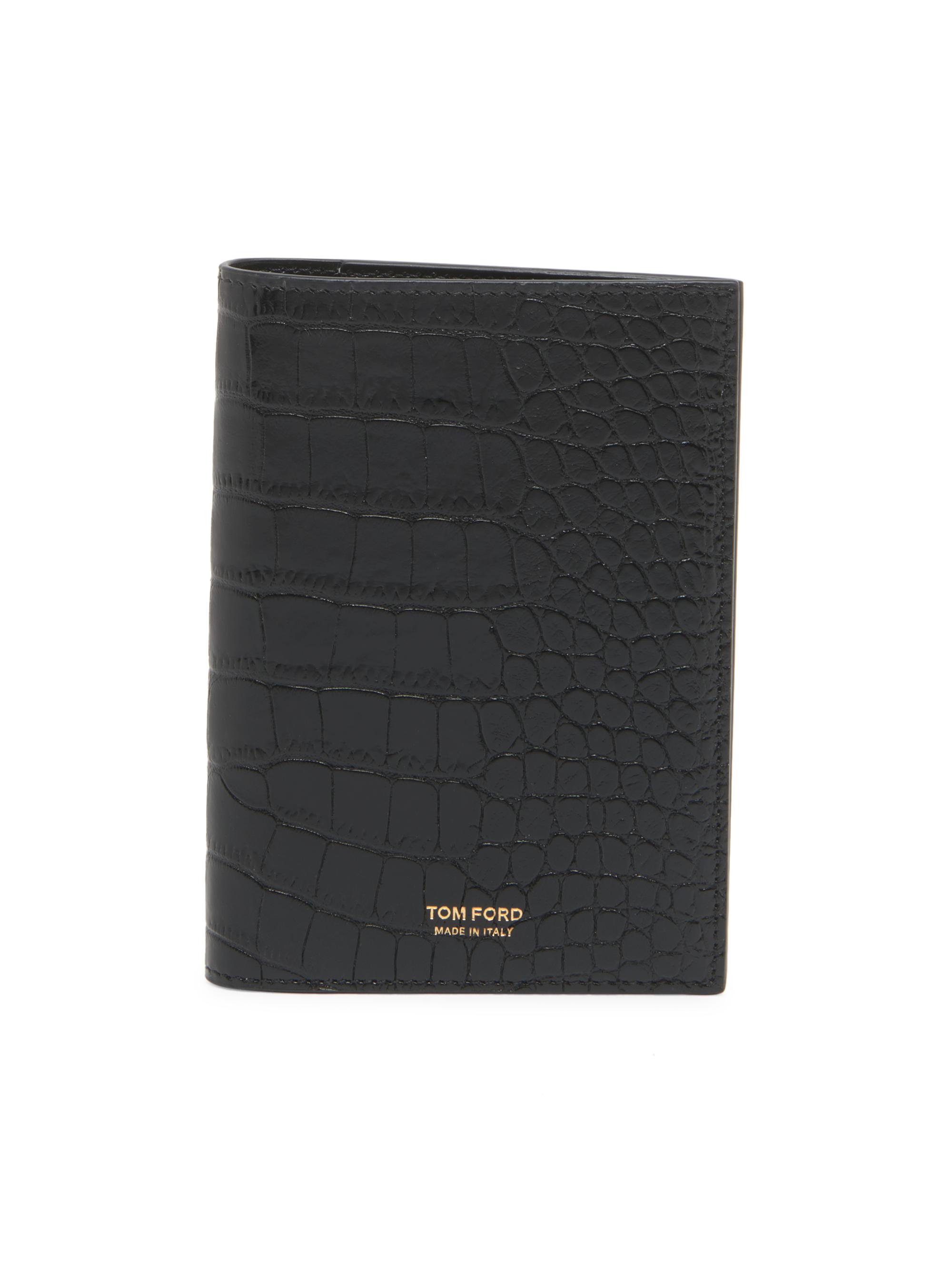 TOM FORD Men's Shiny Croc-Embossed T Line Passport Holder - Cognac