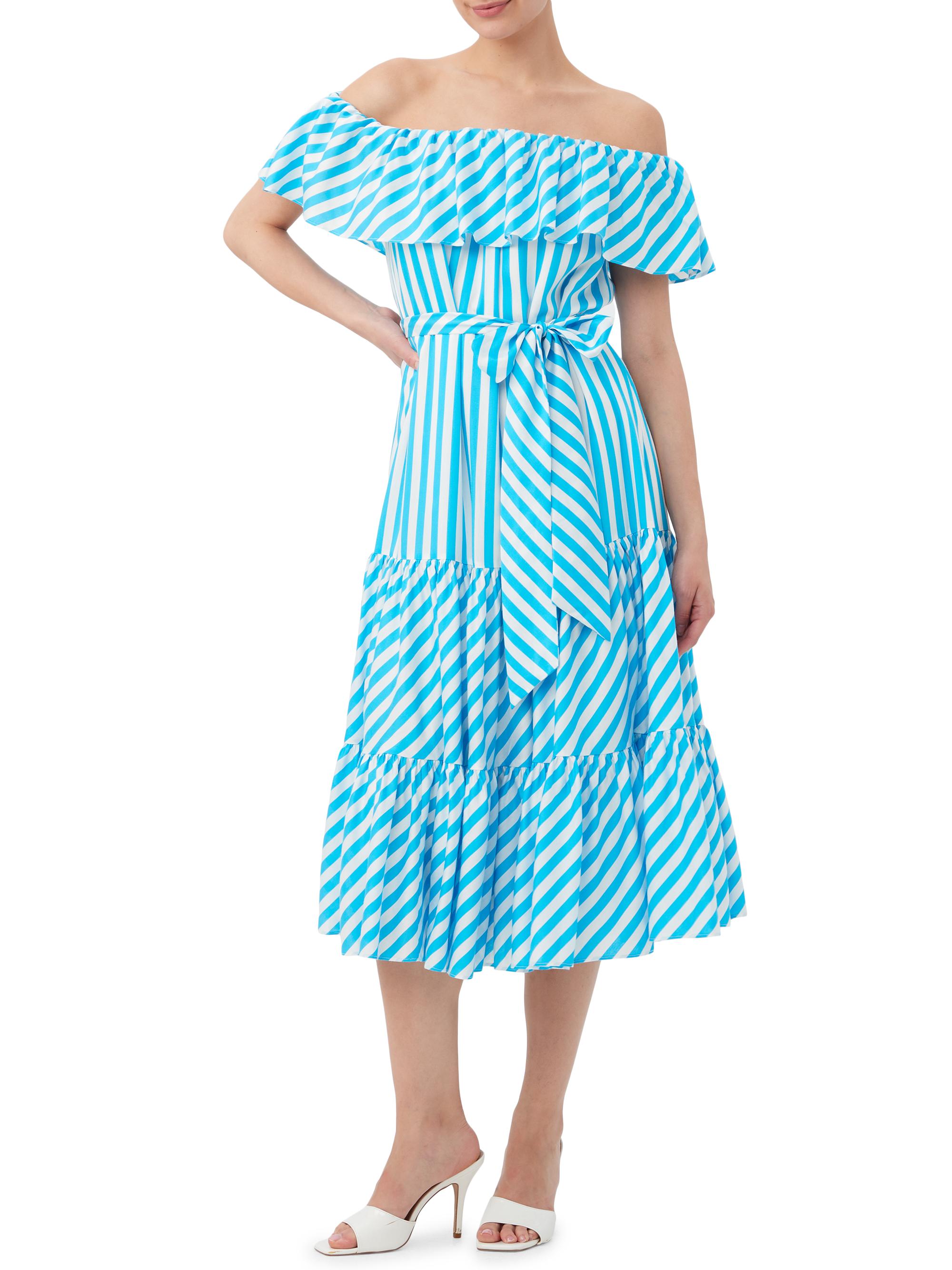 Trina Turk Women's Salima 2 Off-The-Shoulder Striped Ruffle Dress - Blue Grotto Whitewash