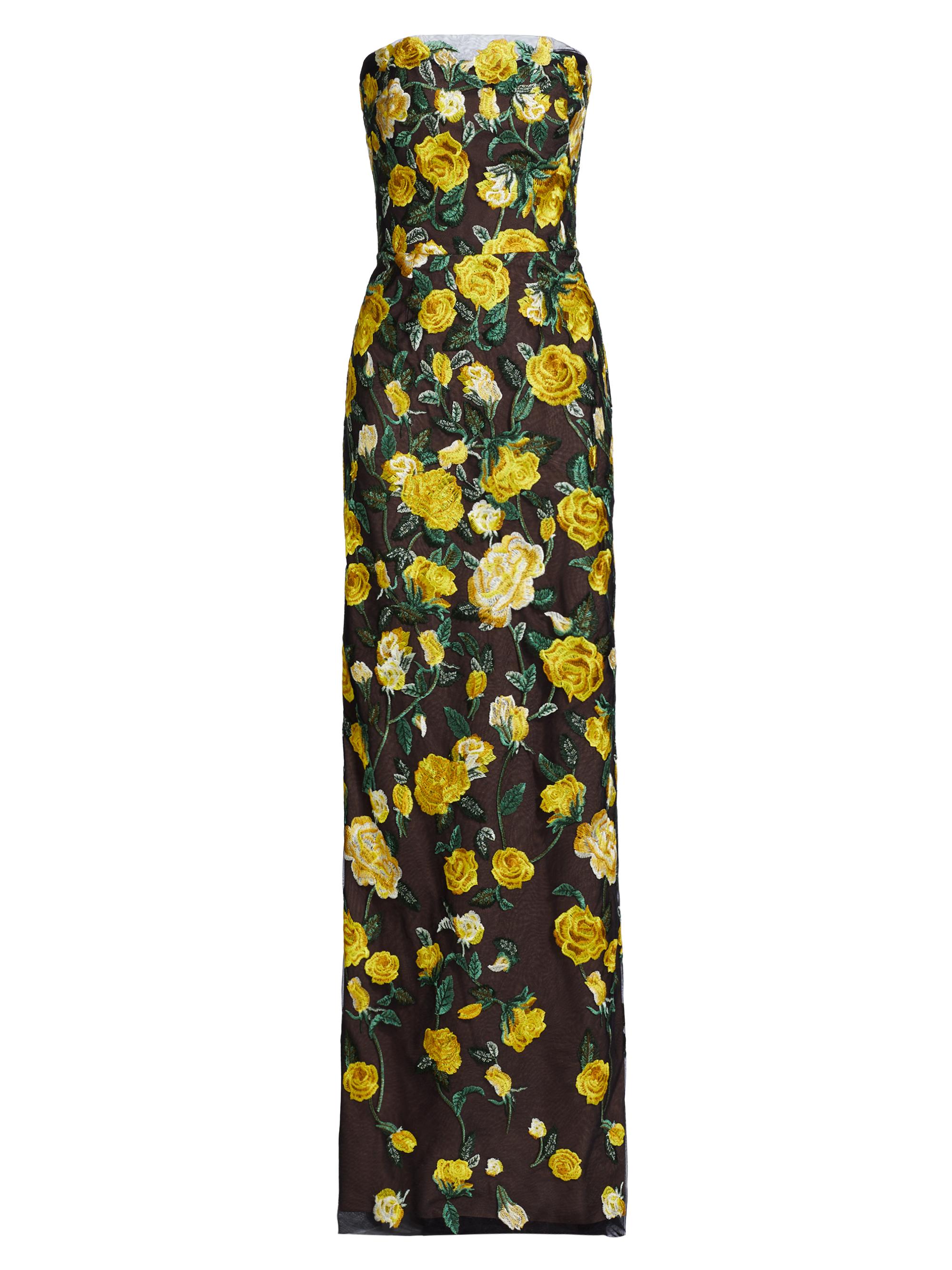 Marchesa Notte Women's Floral Embroidered Strapless Gown - Yellow Black