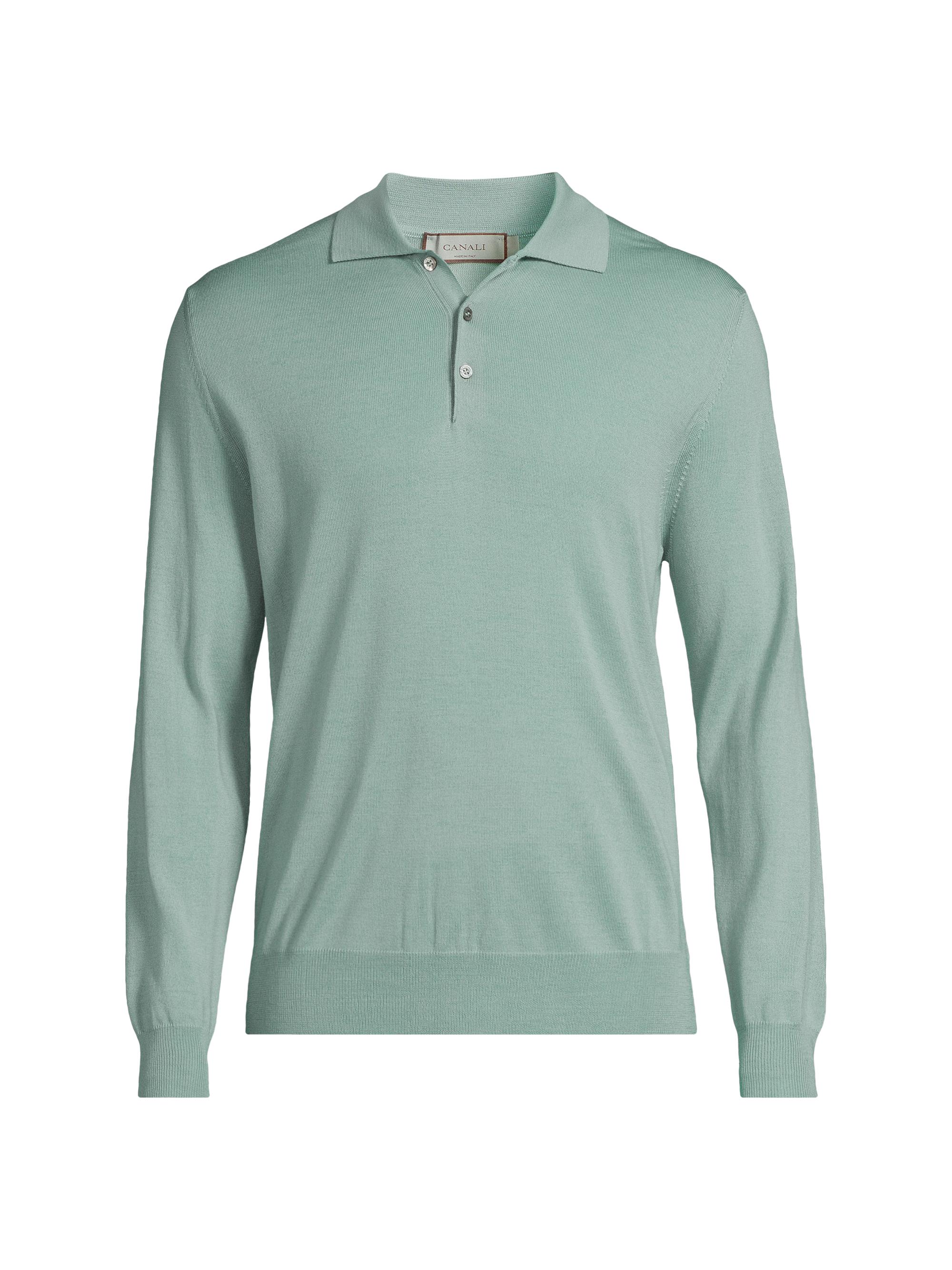 Canali Men's Wool Long-Sleeve Polo Shirt - Light Green