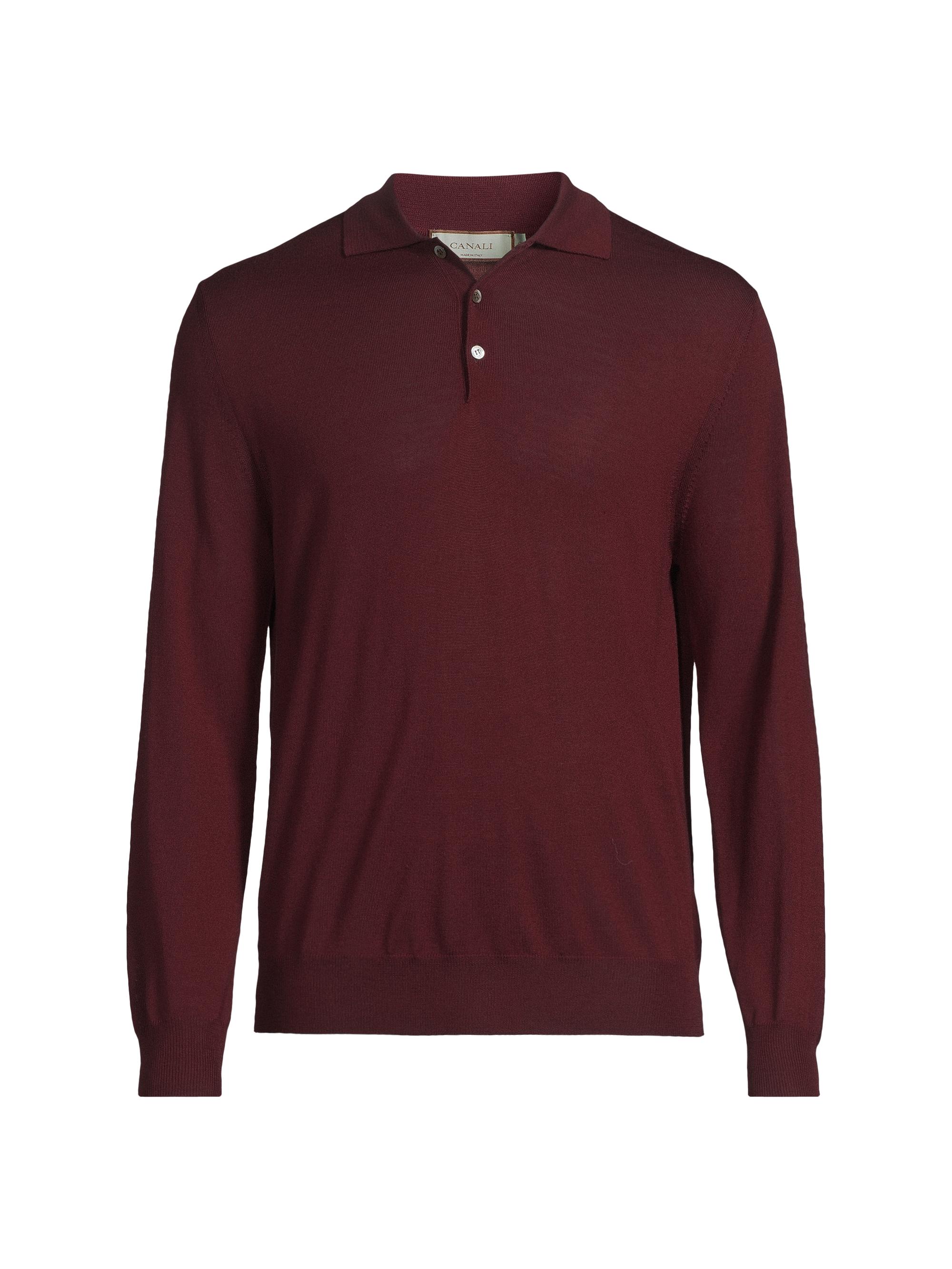 Canali Men's Wool Long-Sleeve Polo Shirt - Dark Red
