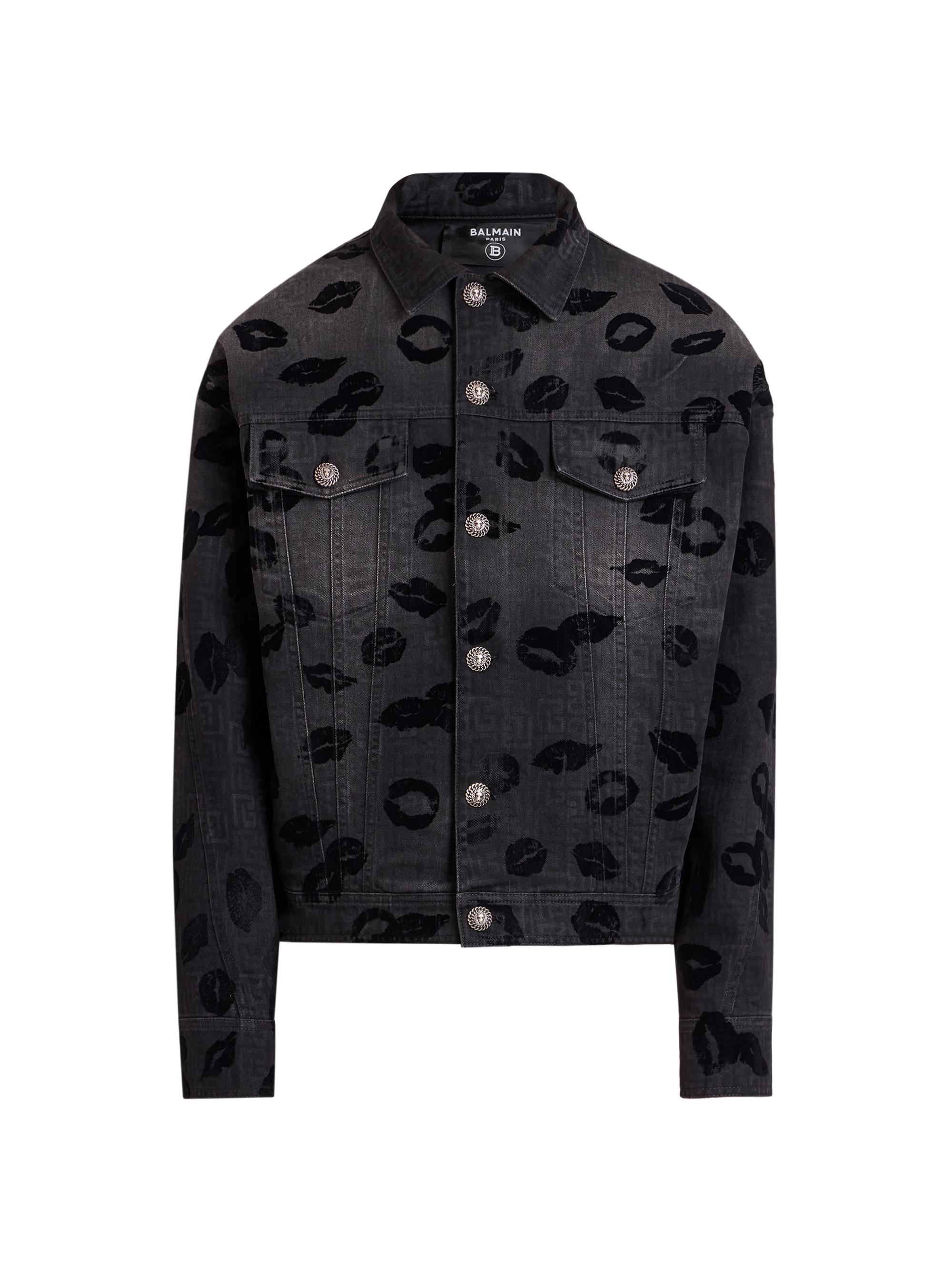 Balmain Men's Monogram & Flock Kiss Denim Jacket - Noir Delave