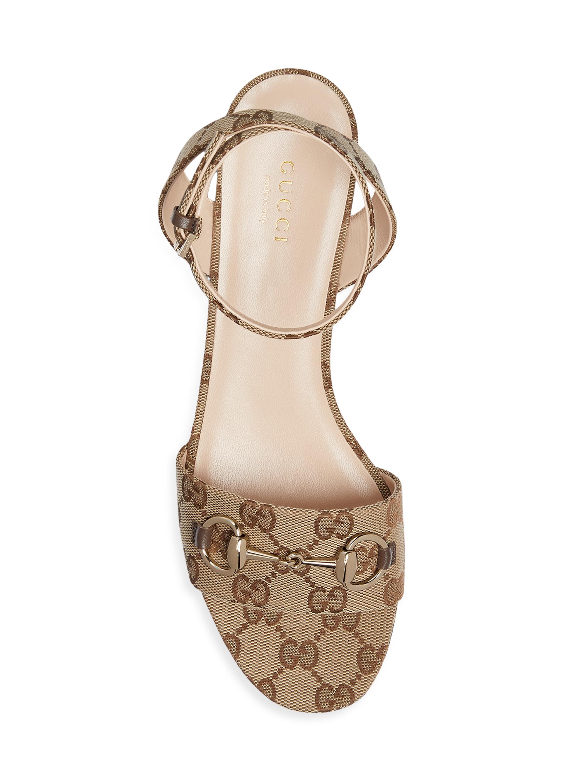 Gucci グッチ　厚底サンダル　ankle strap wedge GUCCI Gold, Navy Canvas, Navy Patent Ankle Strap Cork Wedge