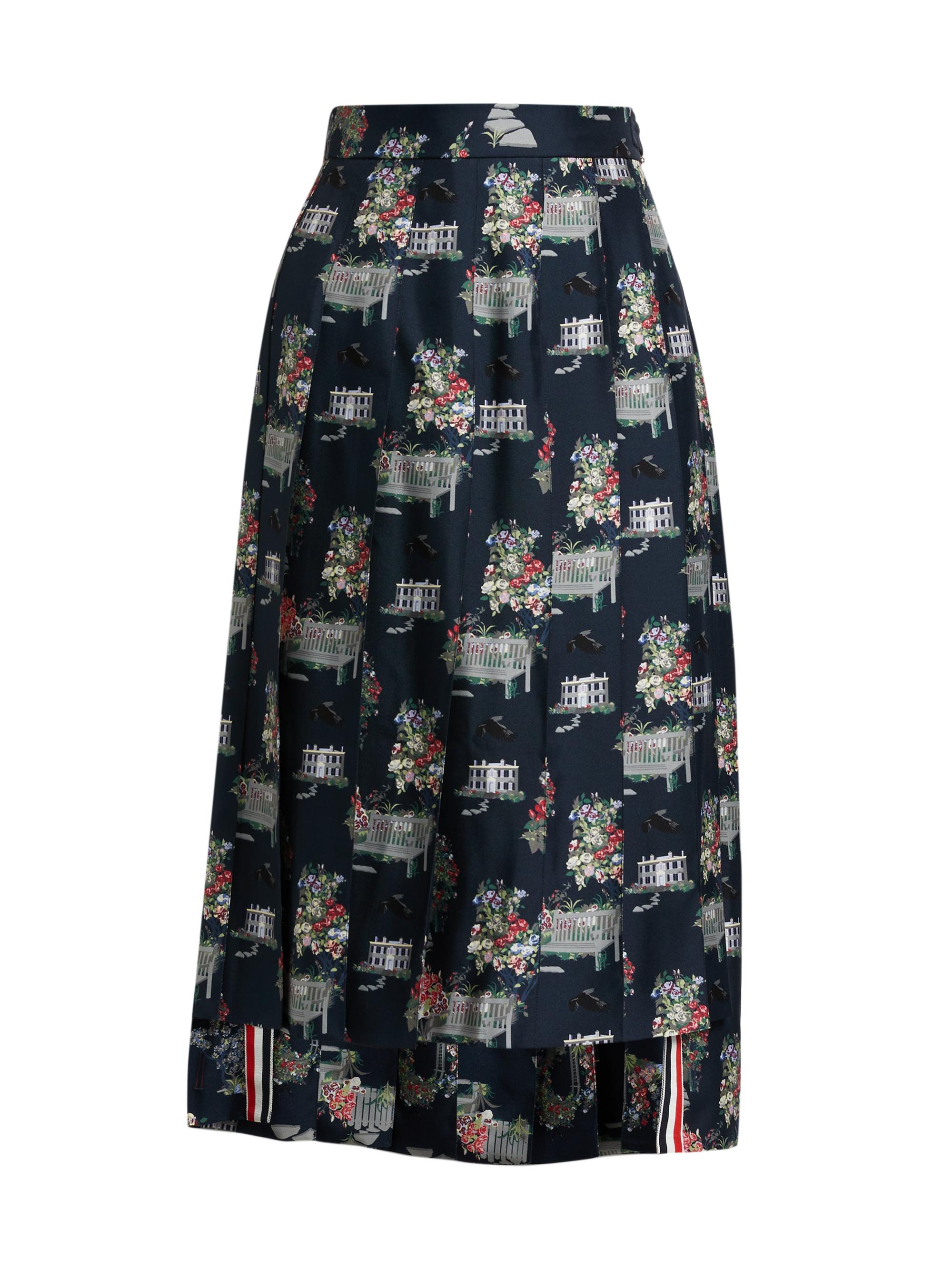 Thom Browne Women's Rose Garden Silk Pleated High-Low Skirt - Navy
