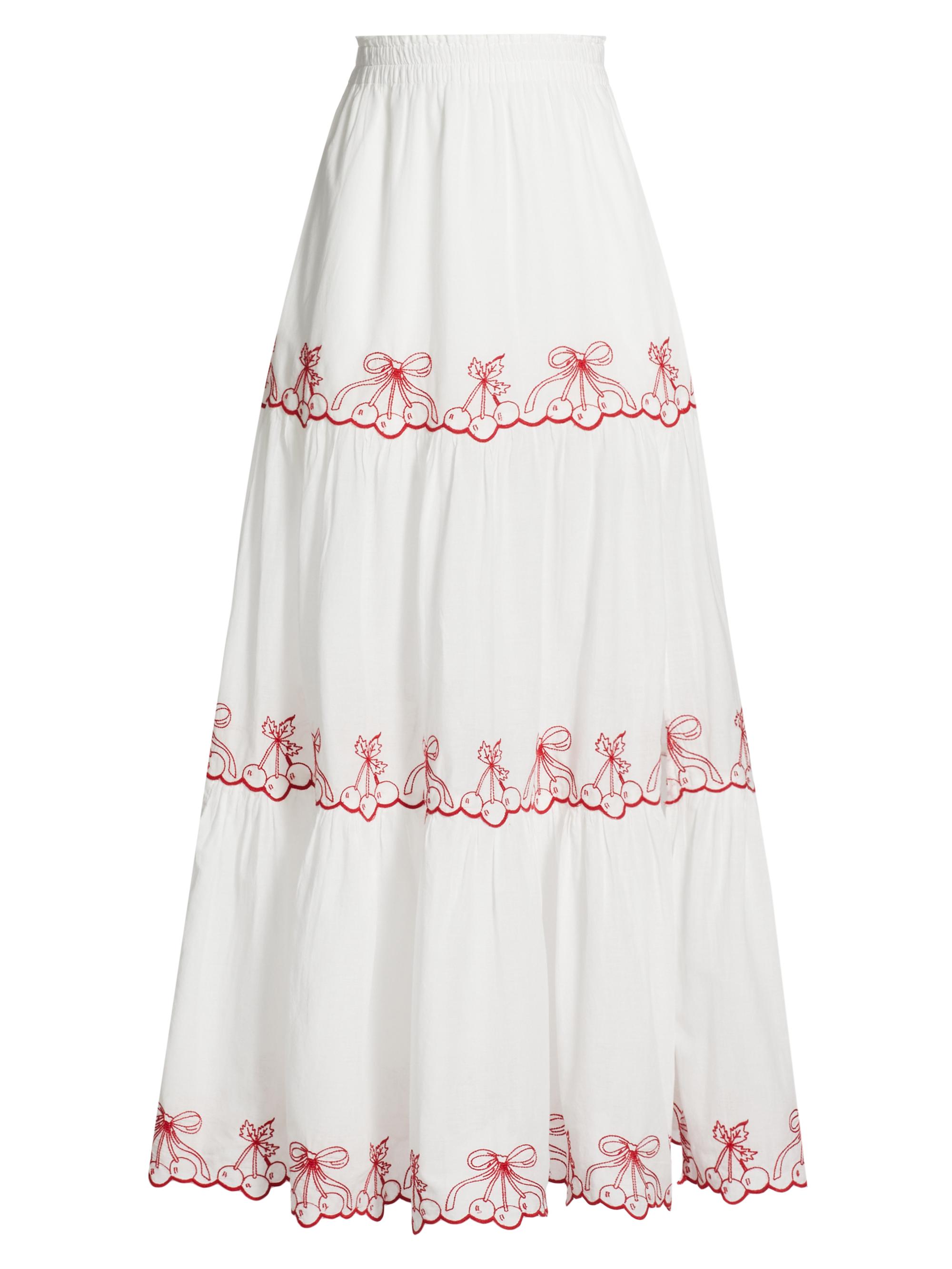 LoveShackFancy Women's Jemila Cherry-Embroidered Maxi Skirt - Candy Red