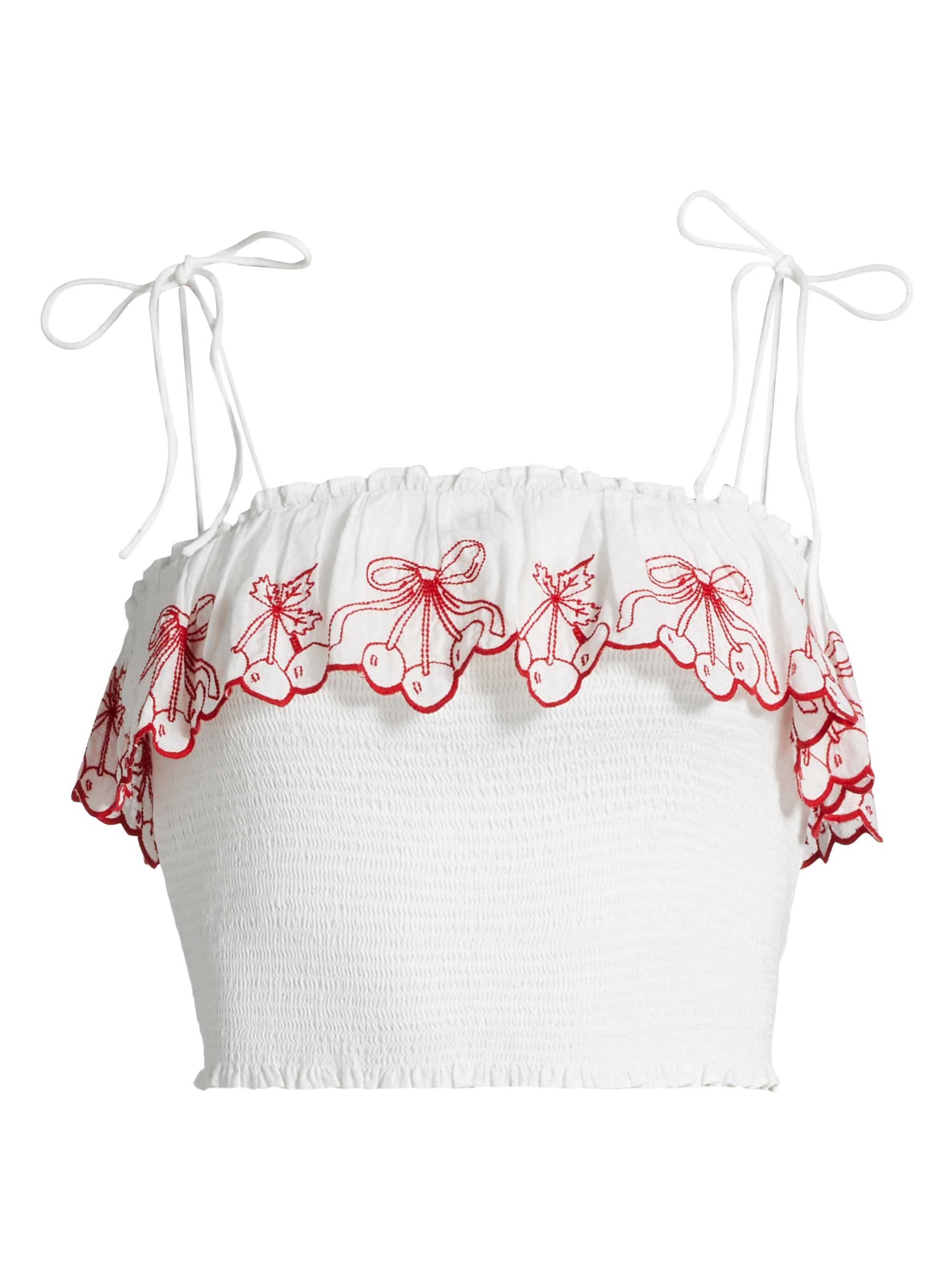 LoveShackFancy Women's Carletta Cherry-Embroidered Crop Top - Candy Red