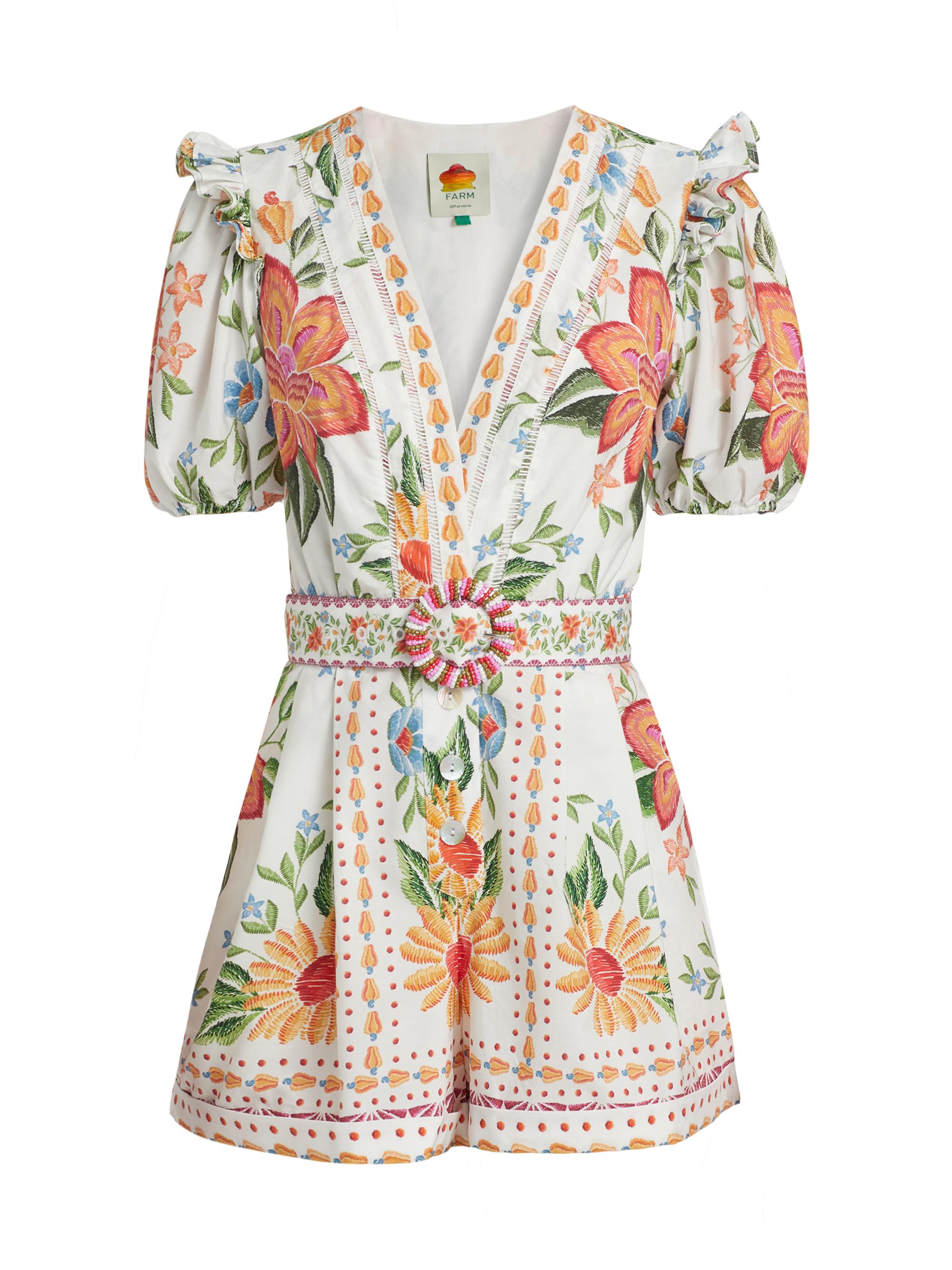 Farm Rio Women's Bloom Garden Floral Cotton Romper - Bloom Garden Off White