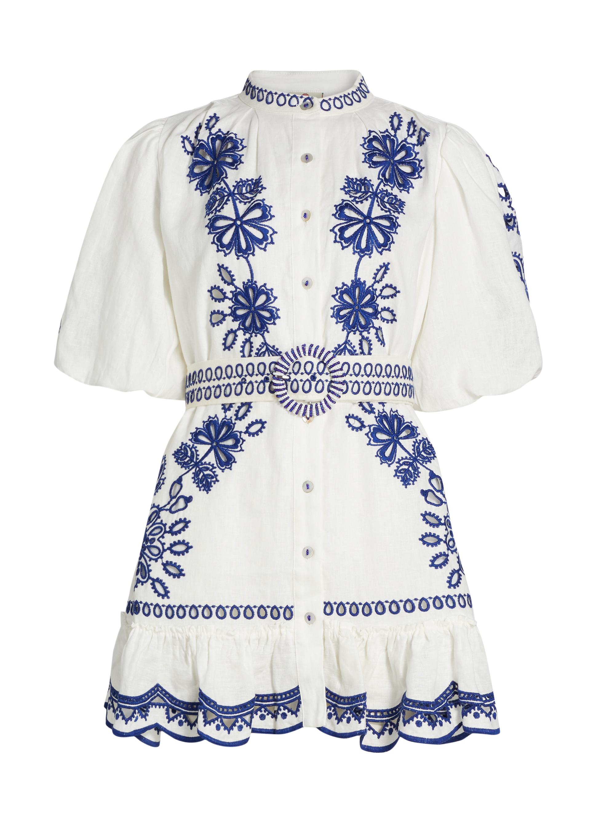 Farm Rio Women's Richelieu Embroidered Linen Minidress - White
