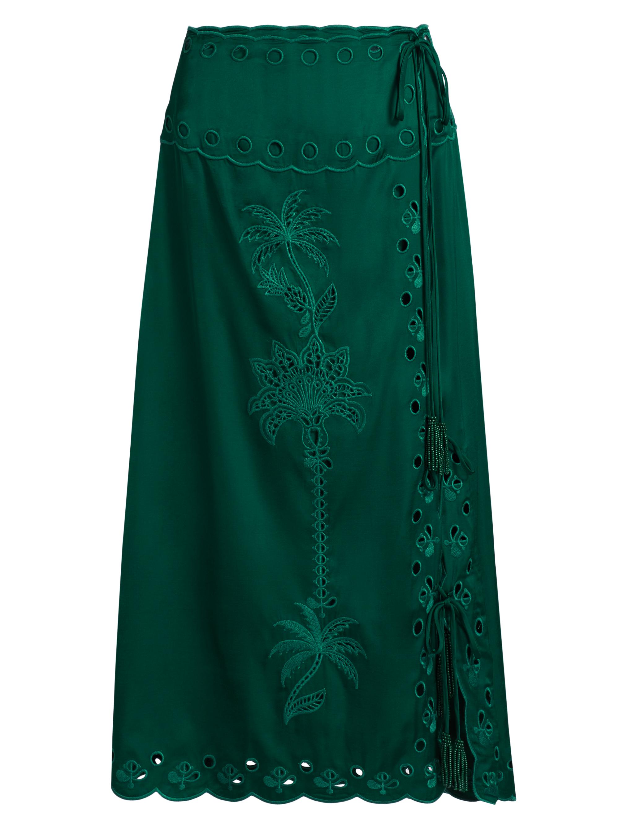 Farm Rio Women's Richilieu Satin Eyelet Midi-Skirt - Green