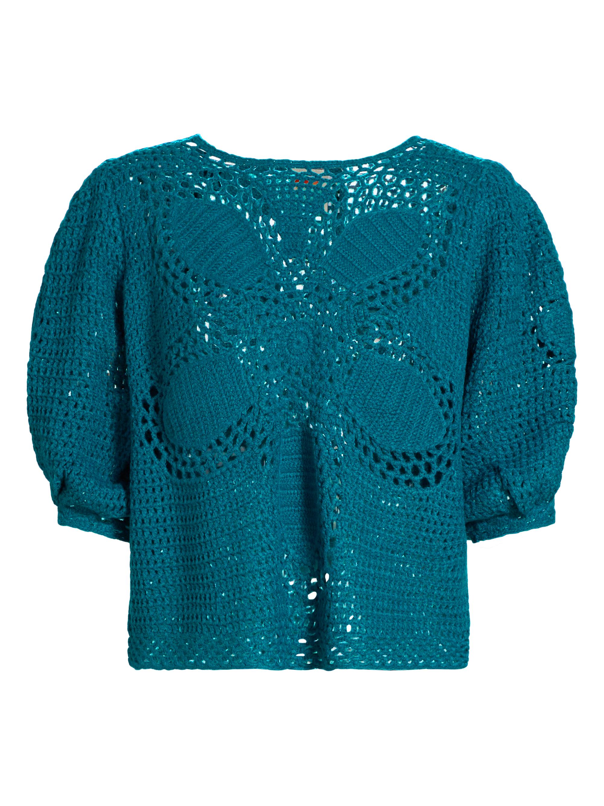 Farm Rio Women's Flower Draw Crochet Blouse - Teal