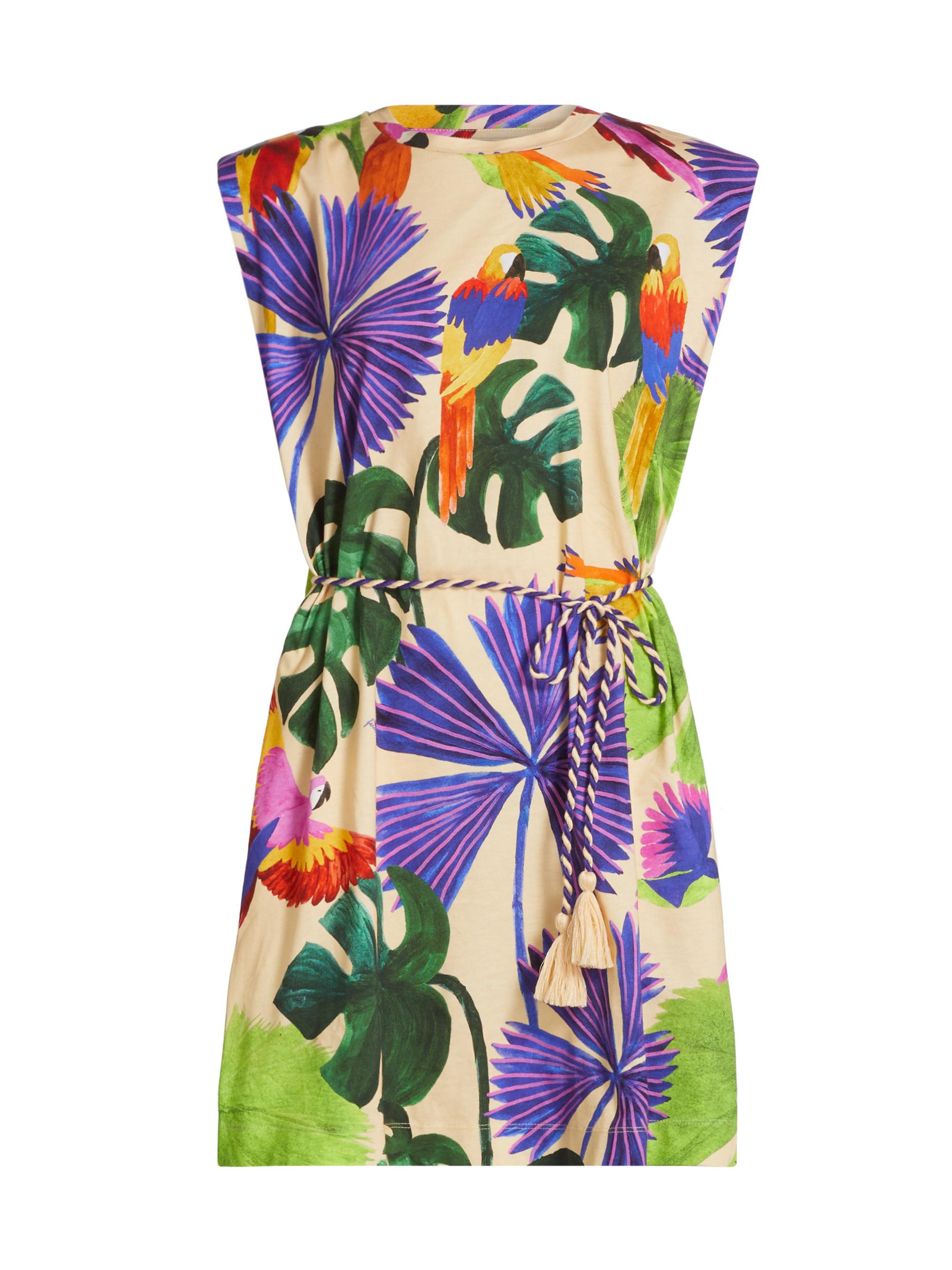 Farm Rio Women's Macaw Jungle Drawstring T-Shirt Minidress - Sand