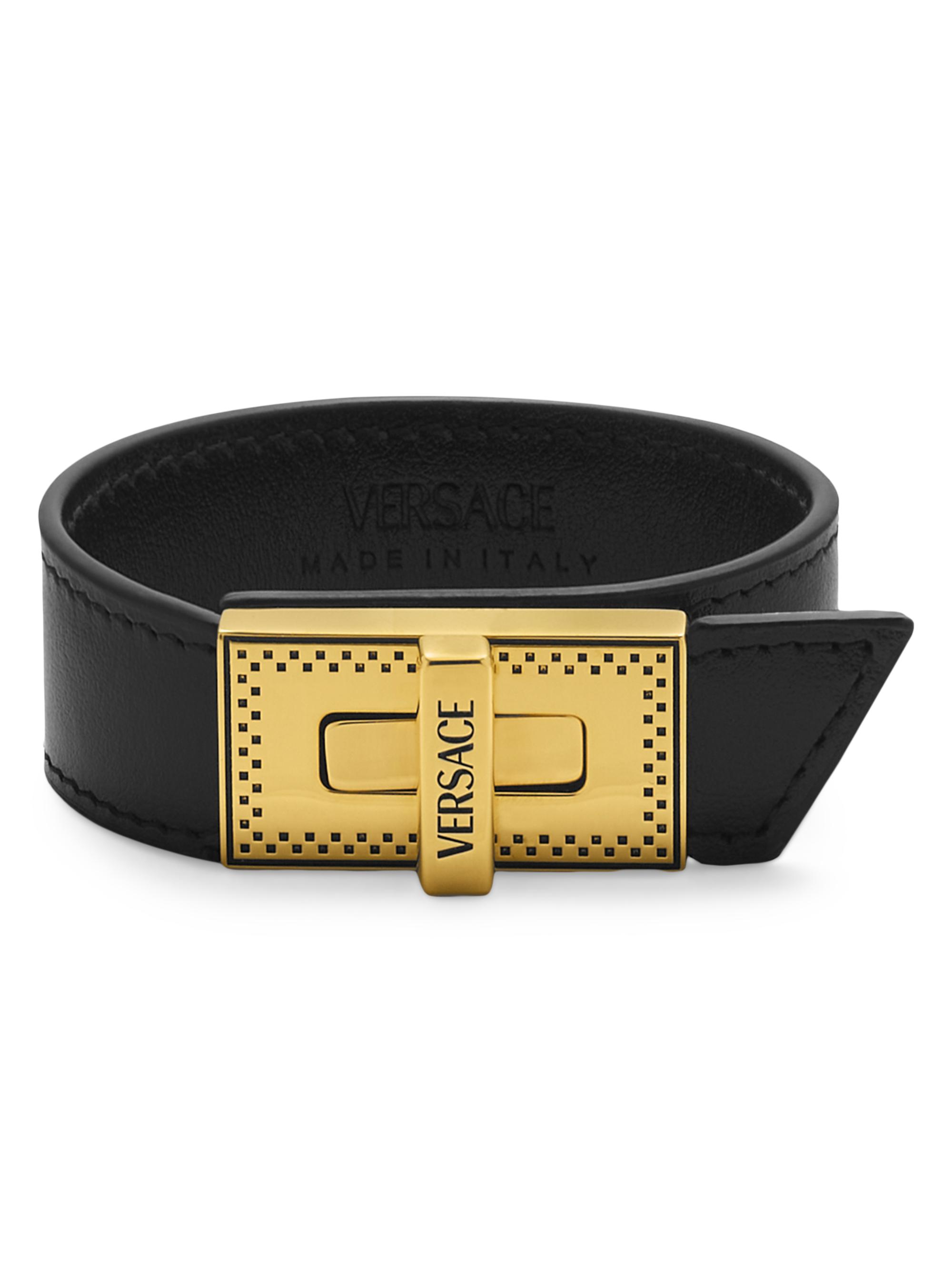Versace Women's Goldtone & Leather Logo Bracelet - Black Palladium