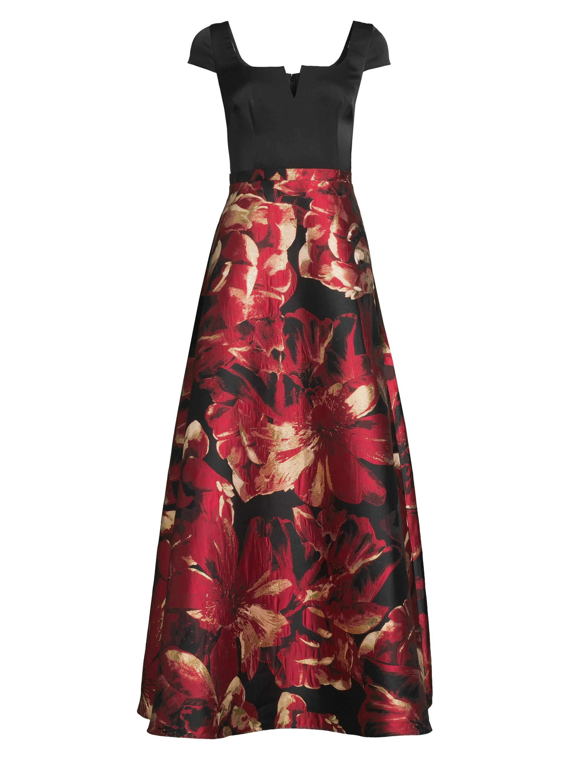 Aidan Mattox Women's Floral Satin Short-Sleeve Gown - Black Red Multi