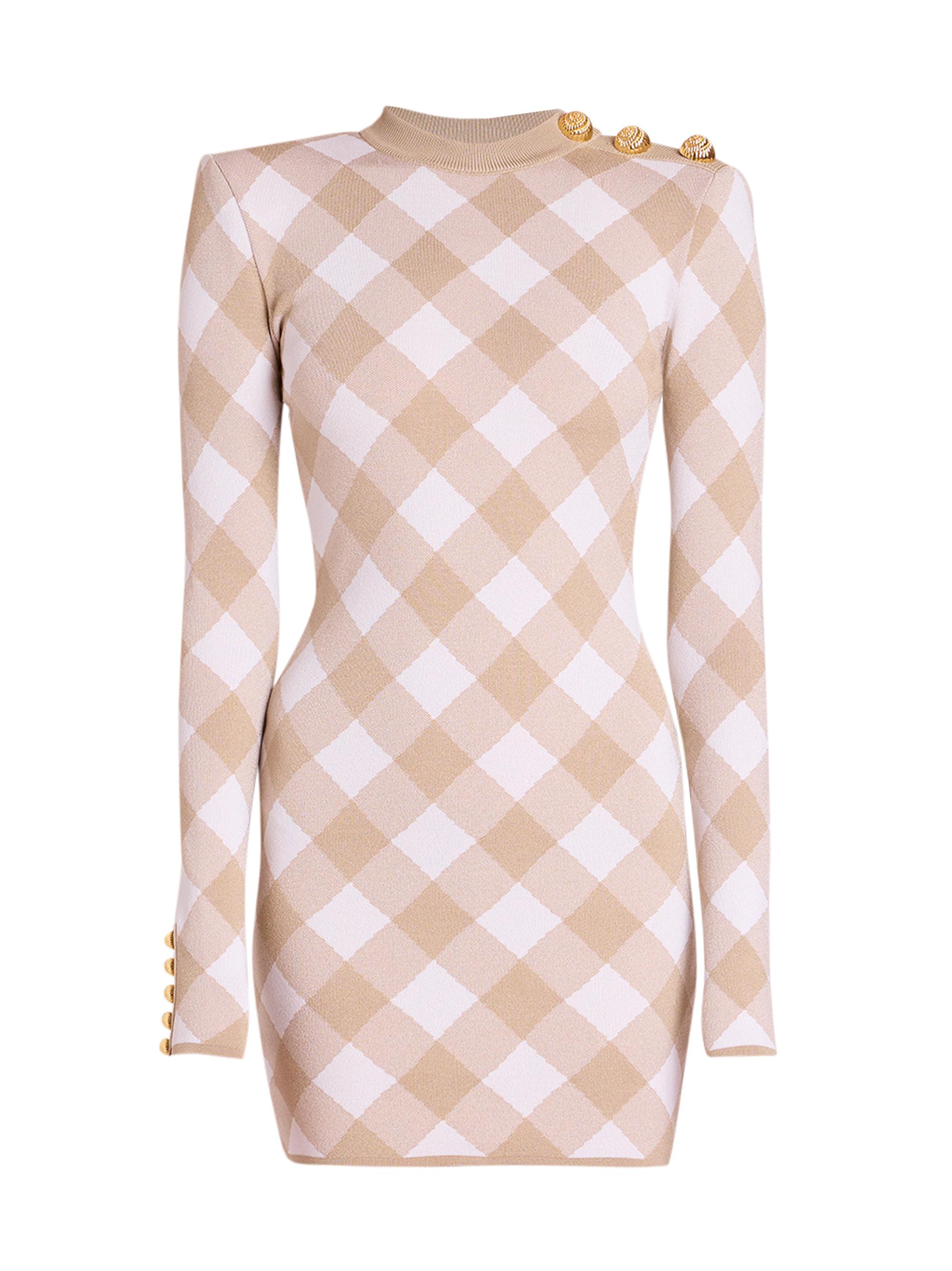 Balmain Women's Check Cut-Out Knit Minidress - Beige Blanc