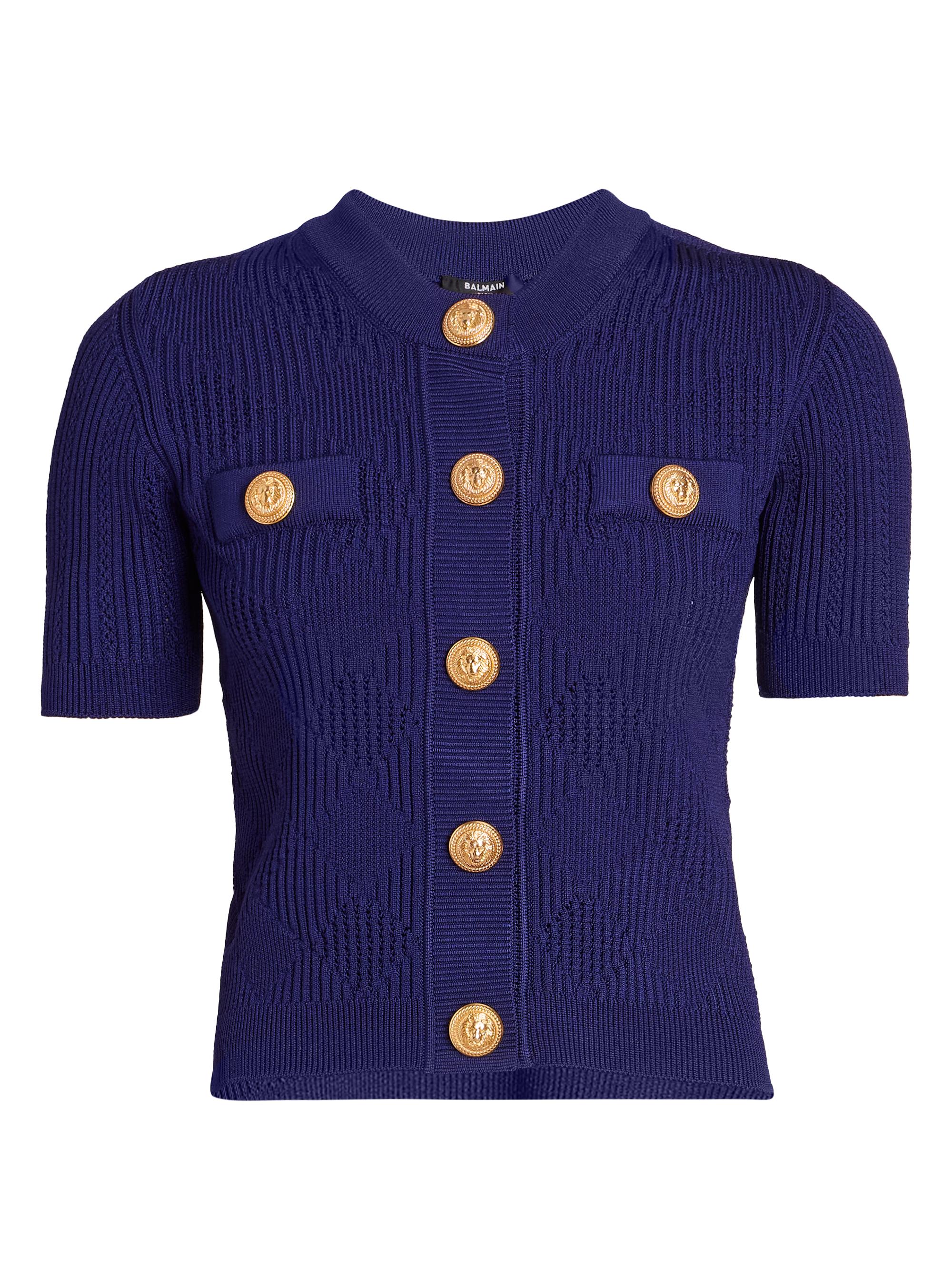 Balmain Women's Textured Short-Sleeve Cardigan - Bleu Nuit