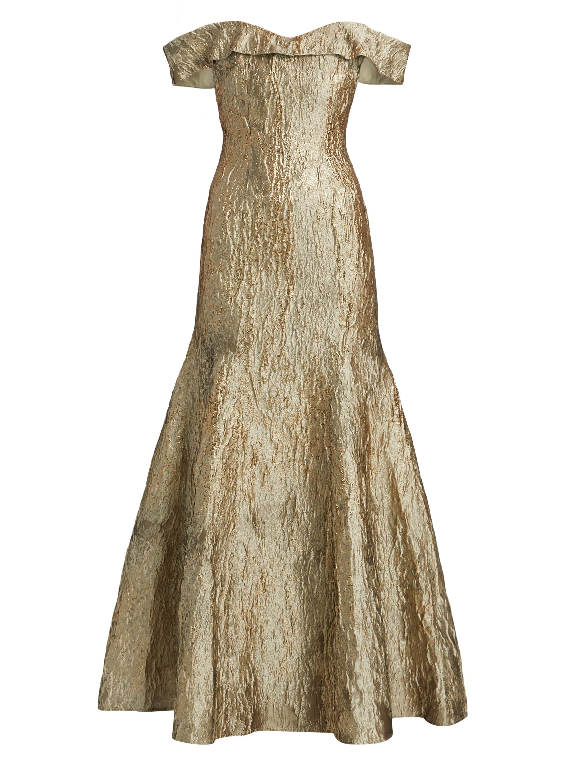 Rene Ruiz Collection Women's Metallic Jacquard Off-the-Shoulder Mermaid Gown - Gold
