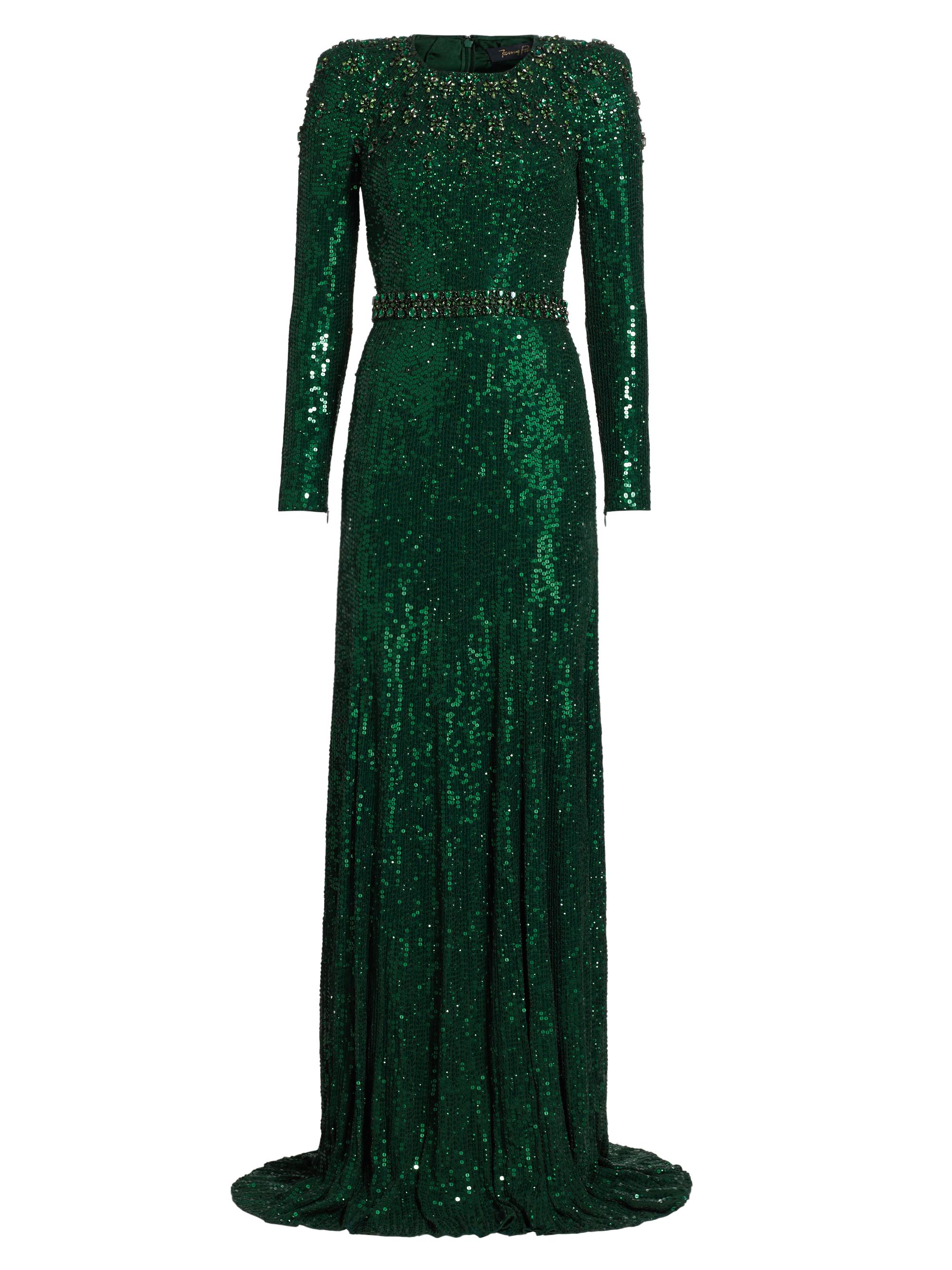 Jenny Packham Women's Georgia Sequin Belted Column Gown - Fern Green