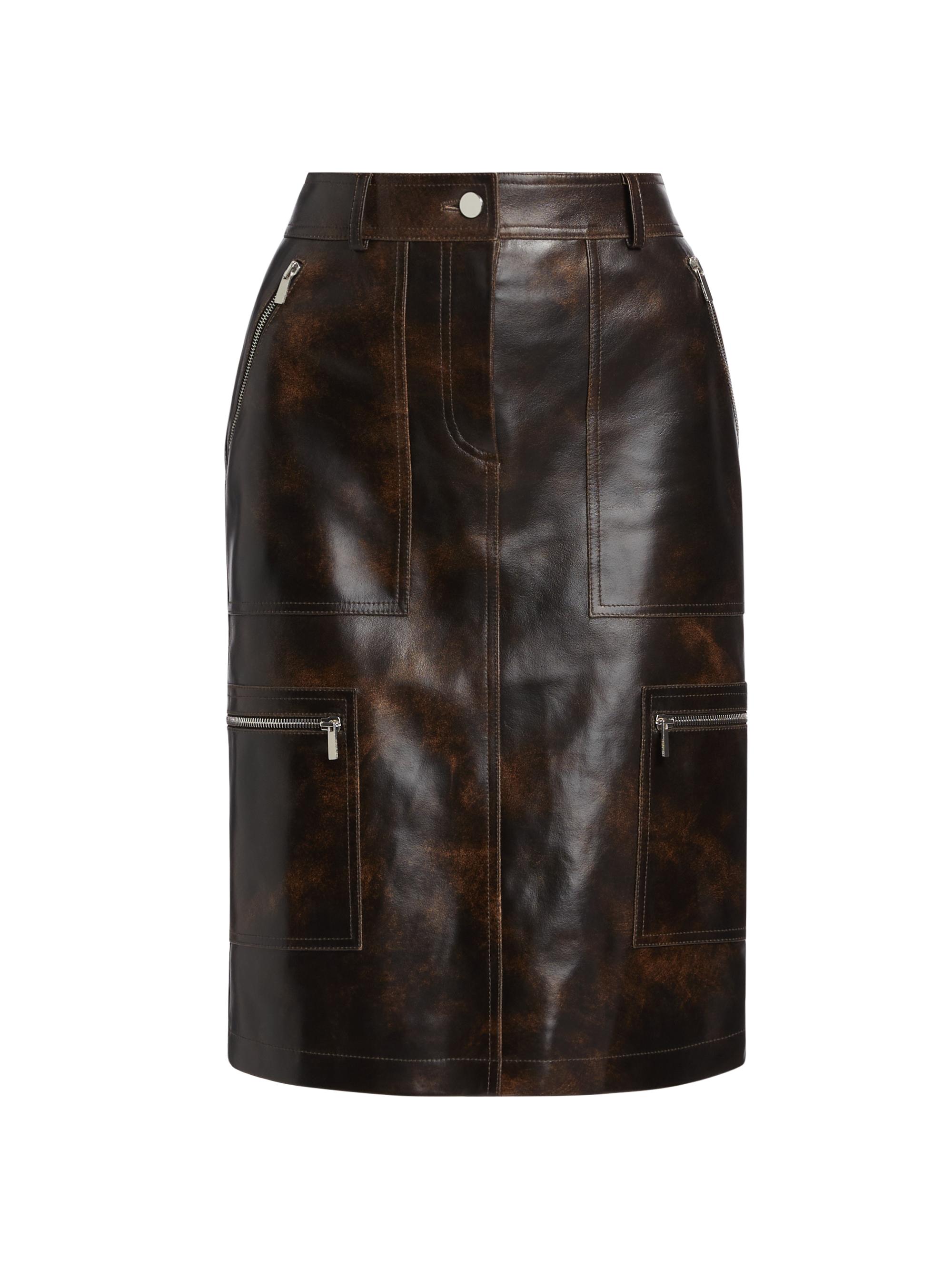 Michael Kors Collection Women's Cargo Distressed Leather Pencil Skirt - Chocolate