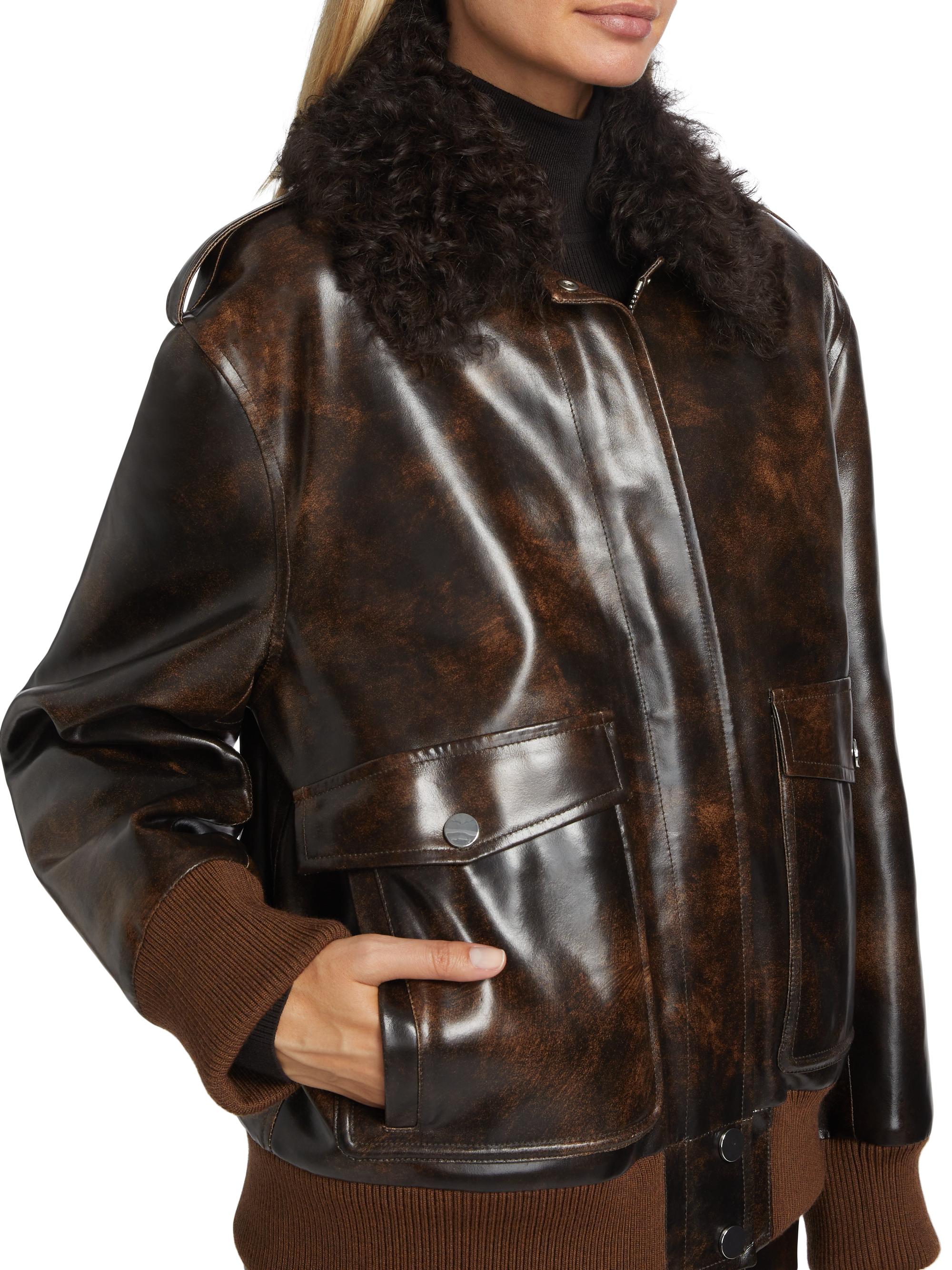 Michael Kors Collection Leather Shearling Collar Bomber Jacket