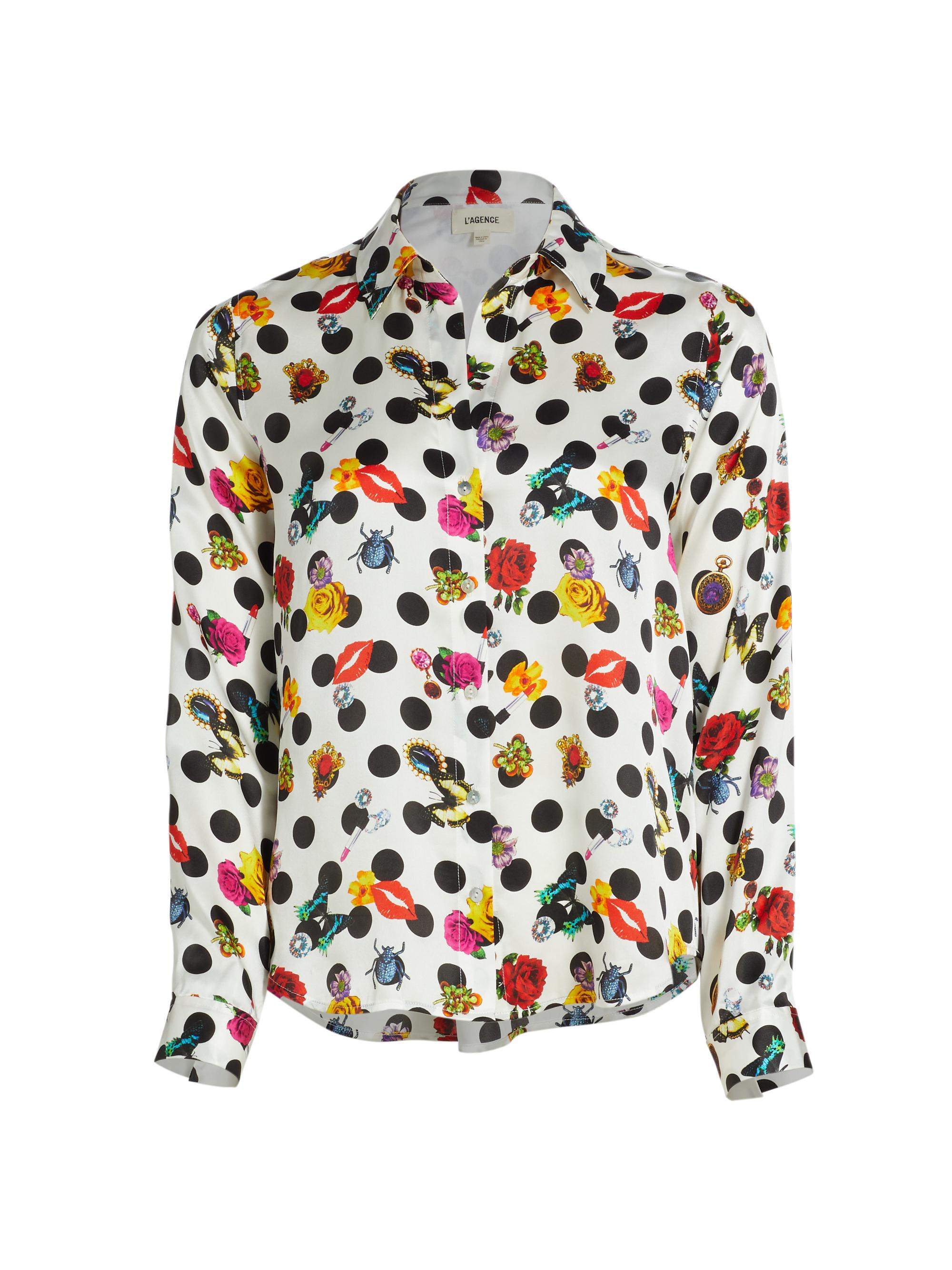 L'AGENCE Women's Tyler Polka Dot Silk Button-Up Blouse - White Multi Crystal Dot