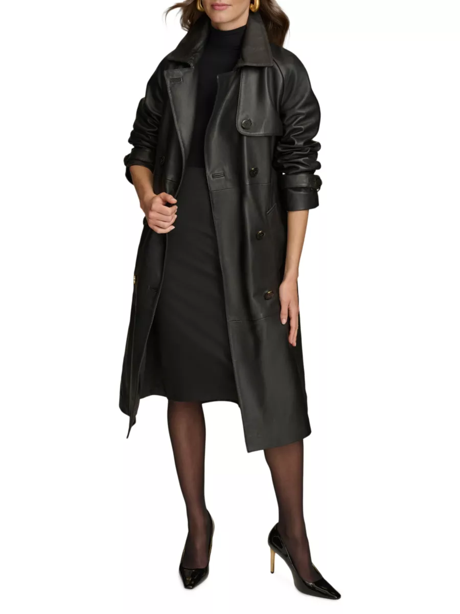Shop Donna Karan New York Leather Belted Double-Breasted Shop Donna Karan New York Leather Belted Double-Breasted