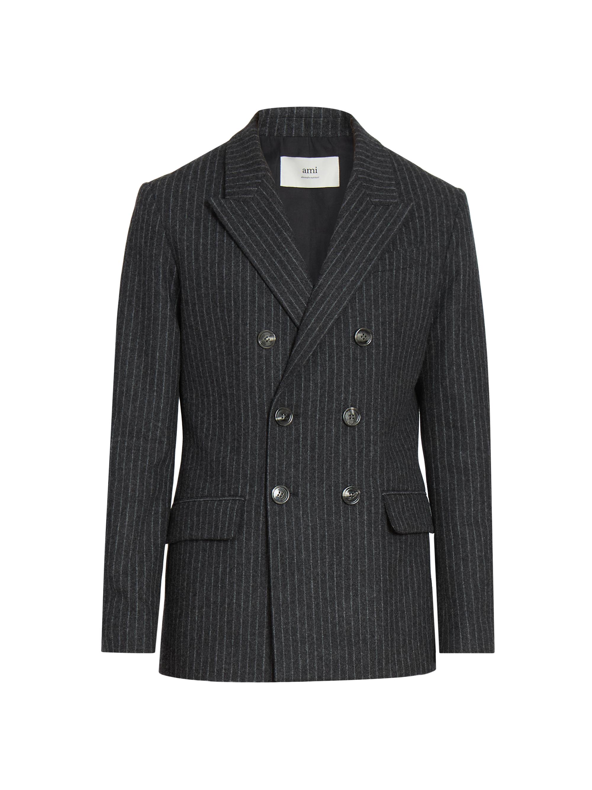 AMI Paris Men's Pinstriped Double-Breasted Wool Jacket - Dark Grey Off White