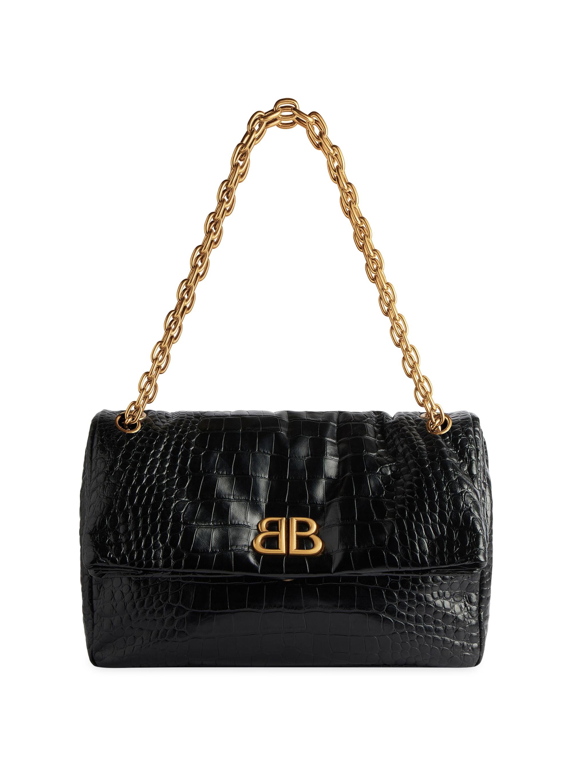 Balenciaga Women's Monaco  Chain Bag Crocodile Embossed - Black