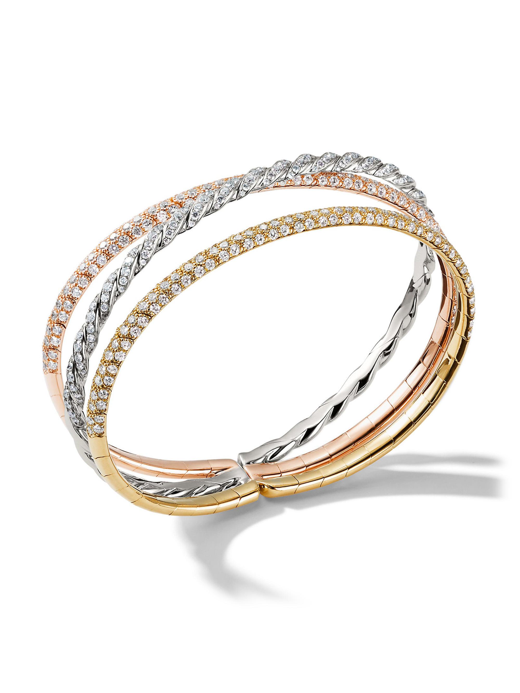 David Yurman Women's Sculpted Cable Flex Three Row Bracelet in 18K Gold - Diamond