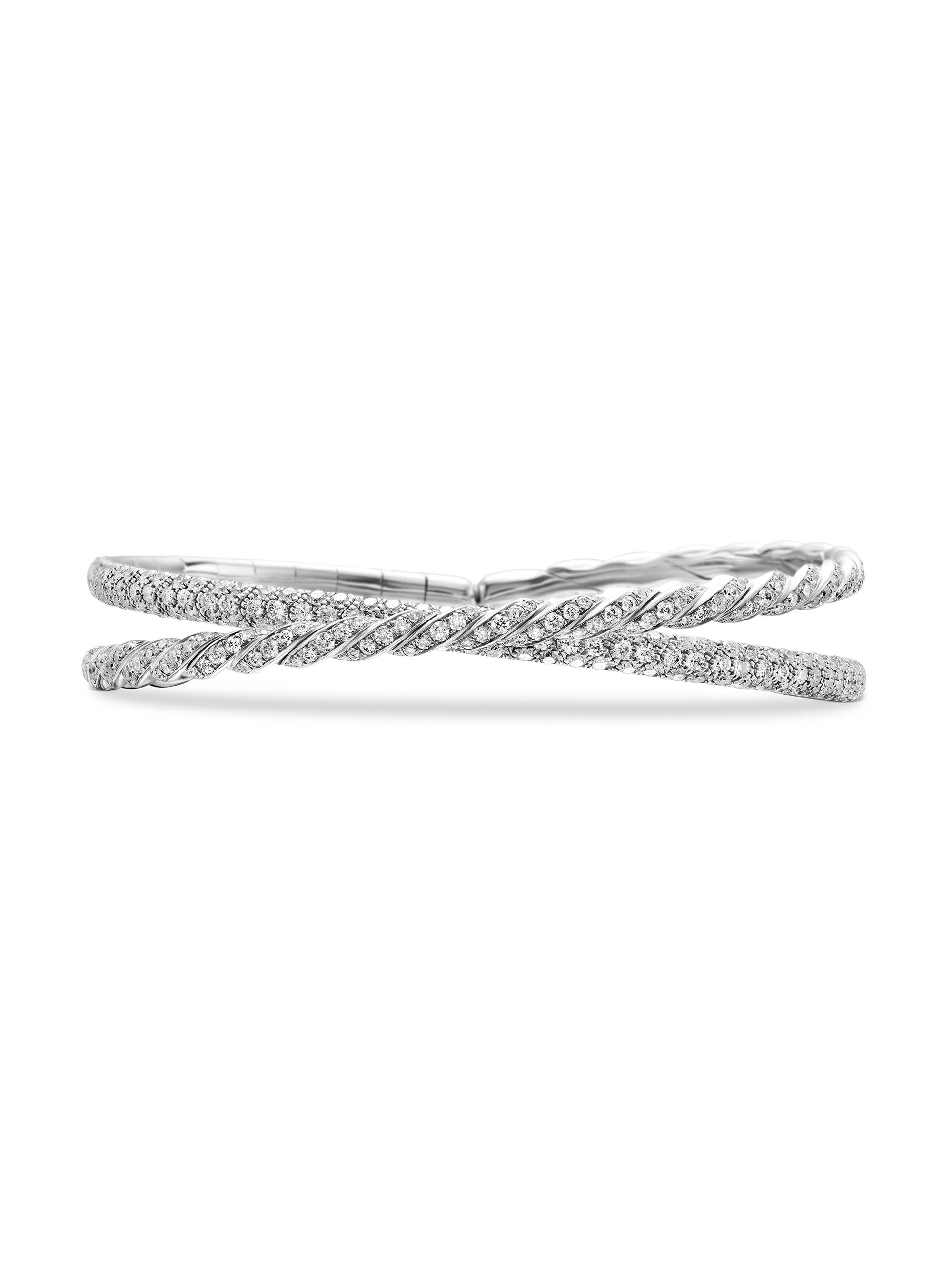 David Yurman Women's Sculpted Cable Flex Two Row Bracelet in 18K White Gold - Diamond