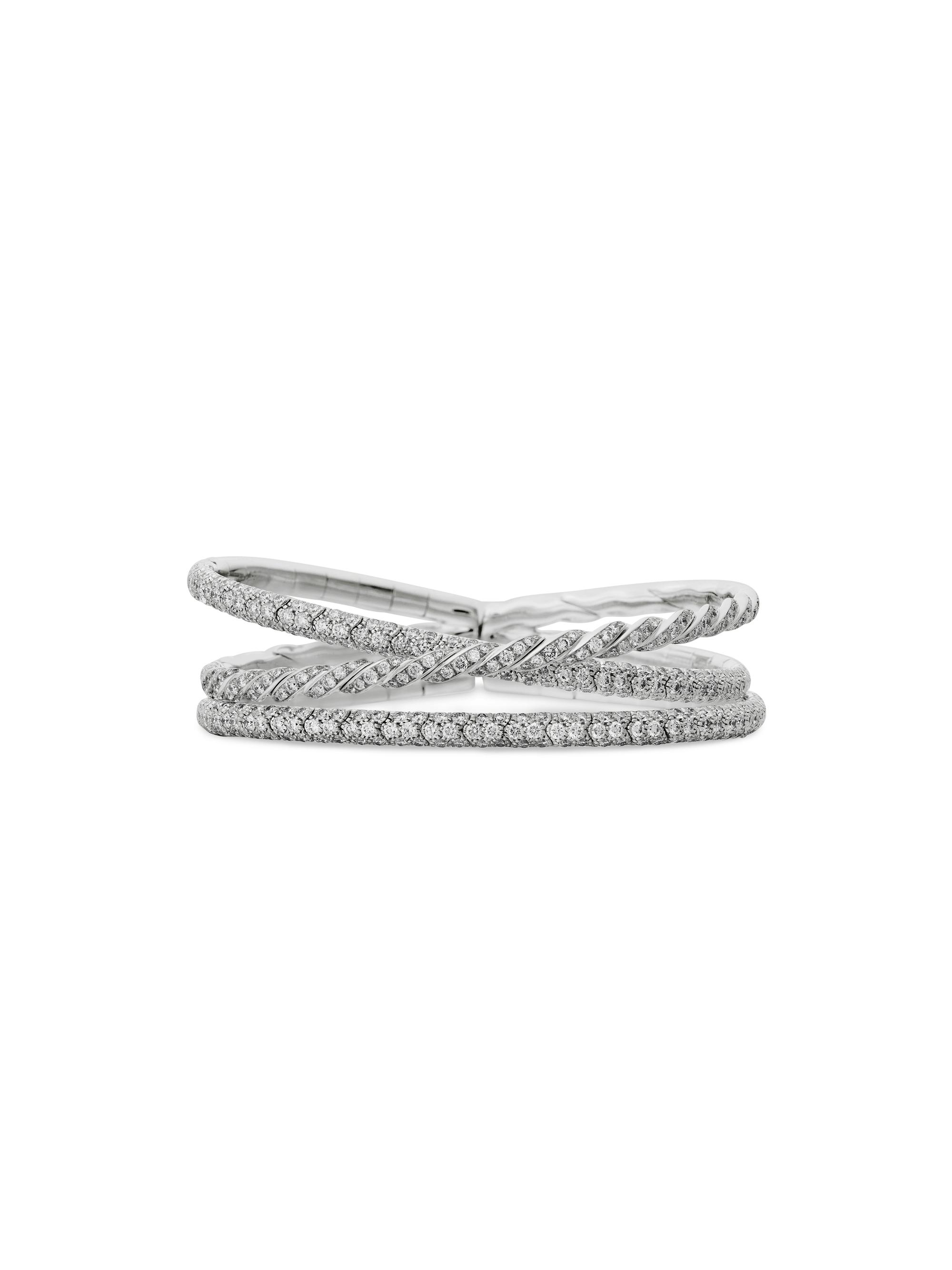 David Yurman Women's Sculpted Cable Flex Three Row Bracelet in 18K White Gold - Diamond