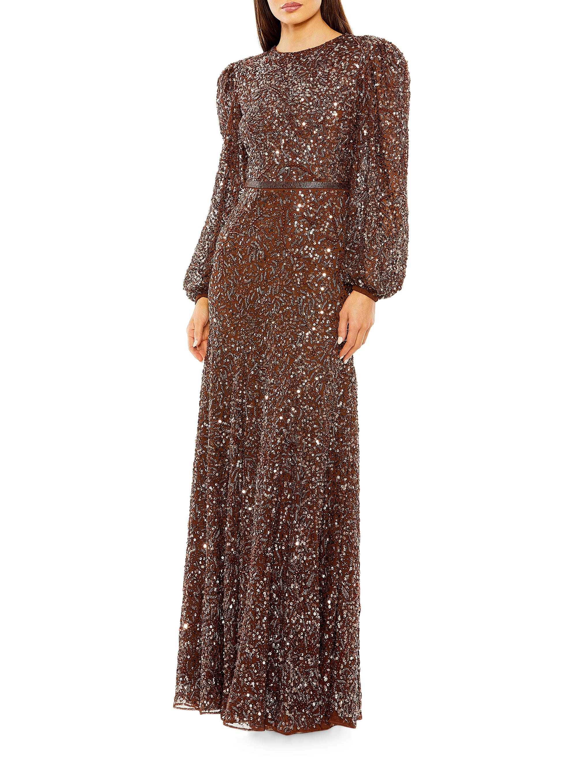Mac Duggal Women's Embellished Bishop-Sleeve A-Line Gown - Chocolate