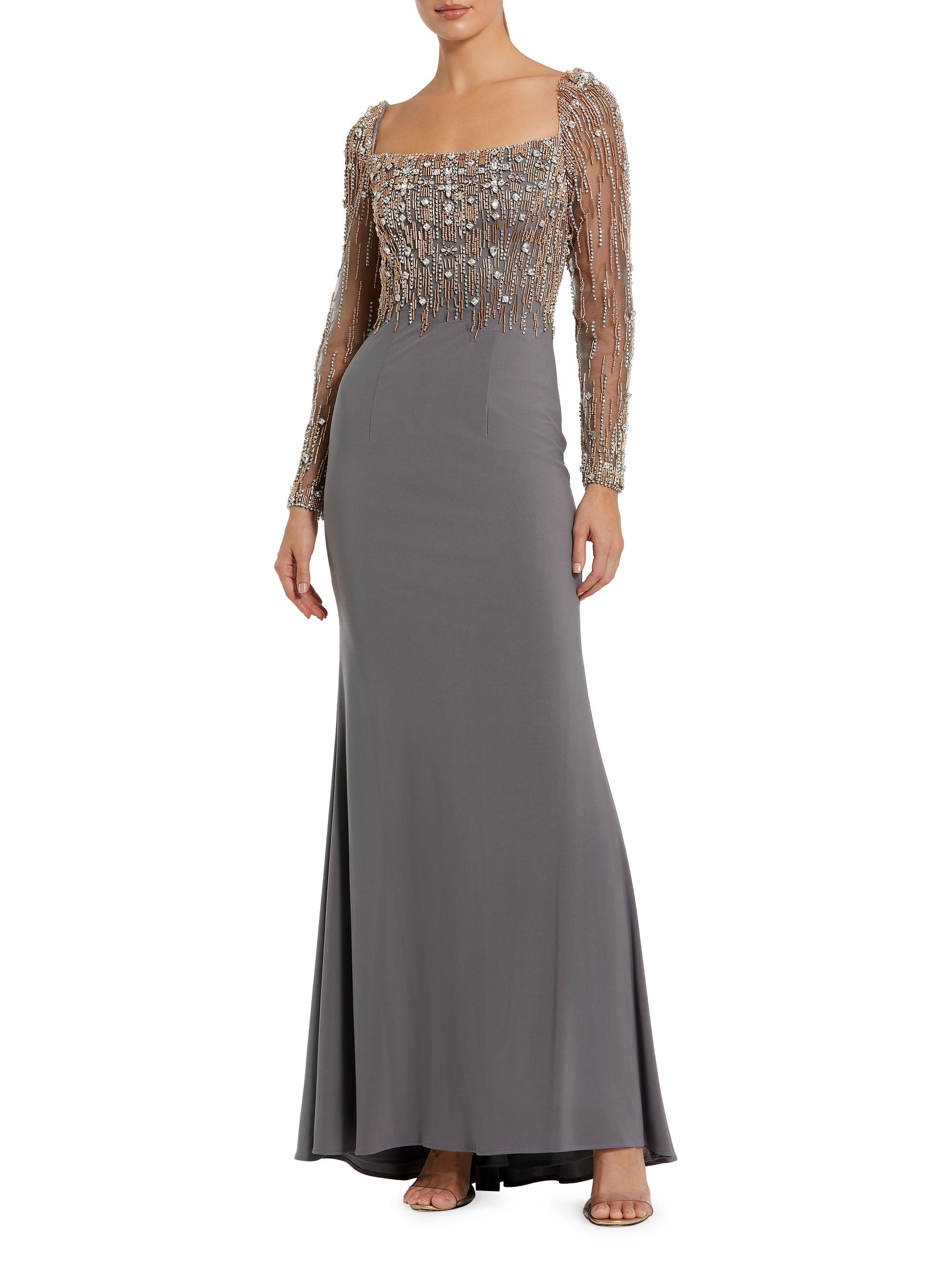 Mac Duggal Women's Beaded Square Neck Column Gown - Platinum Gold