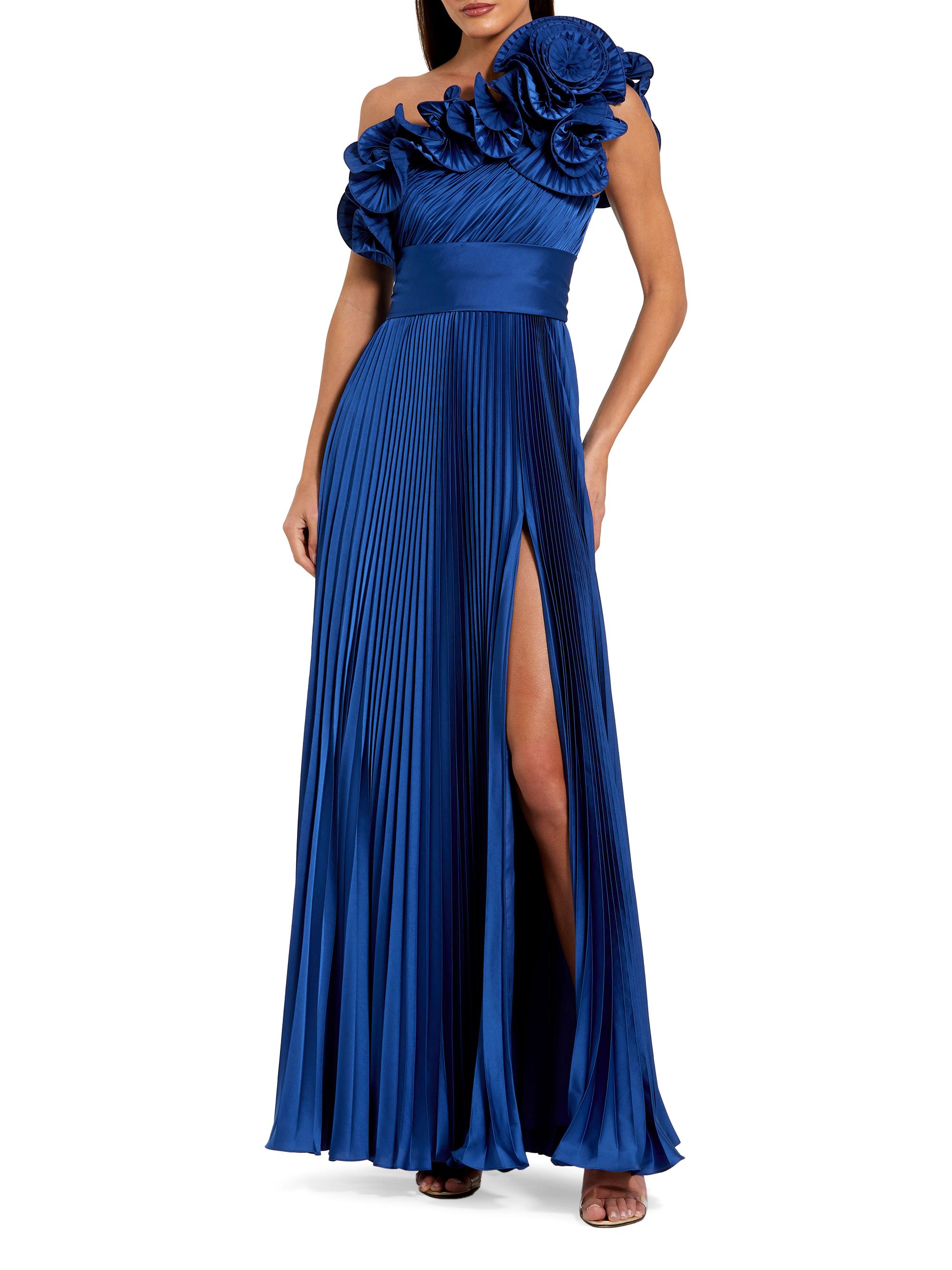 Mac Duggal Women's Pleated Charmeuse Ruffle One-Shoulder A-Line Gown - Cobalt