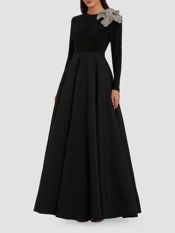 mac duggal black embellished floral long sleeve dress Column Gown forward twist Mac Duggal One Shoulder Long
