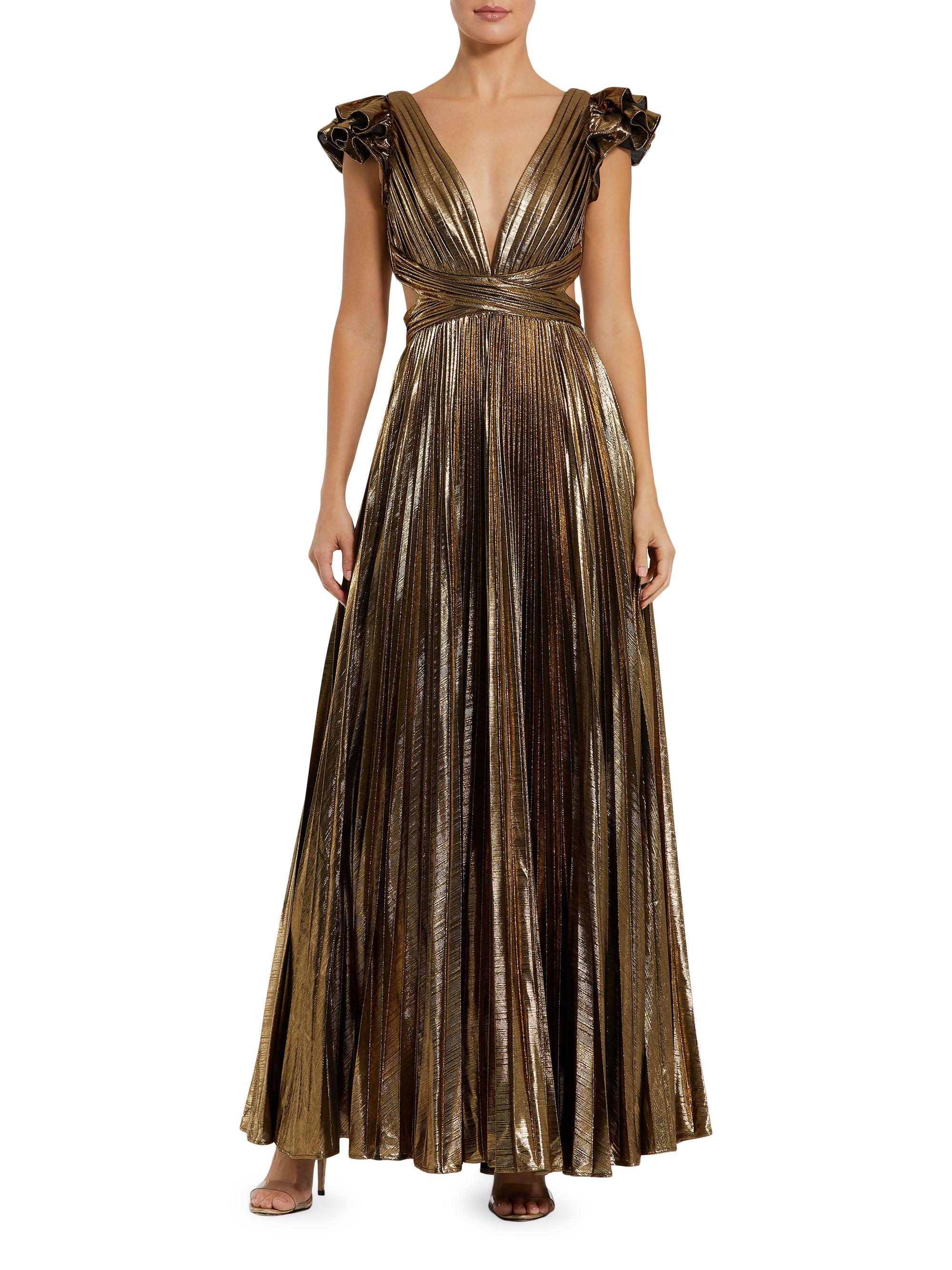Mac Duggal Women's Metallic Pleated Ruffle A-Line Gown - Antique Gold