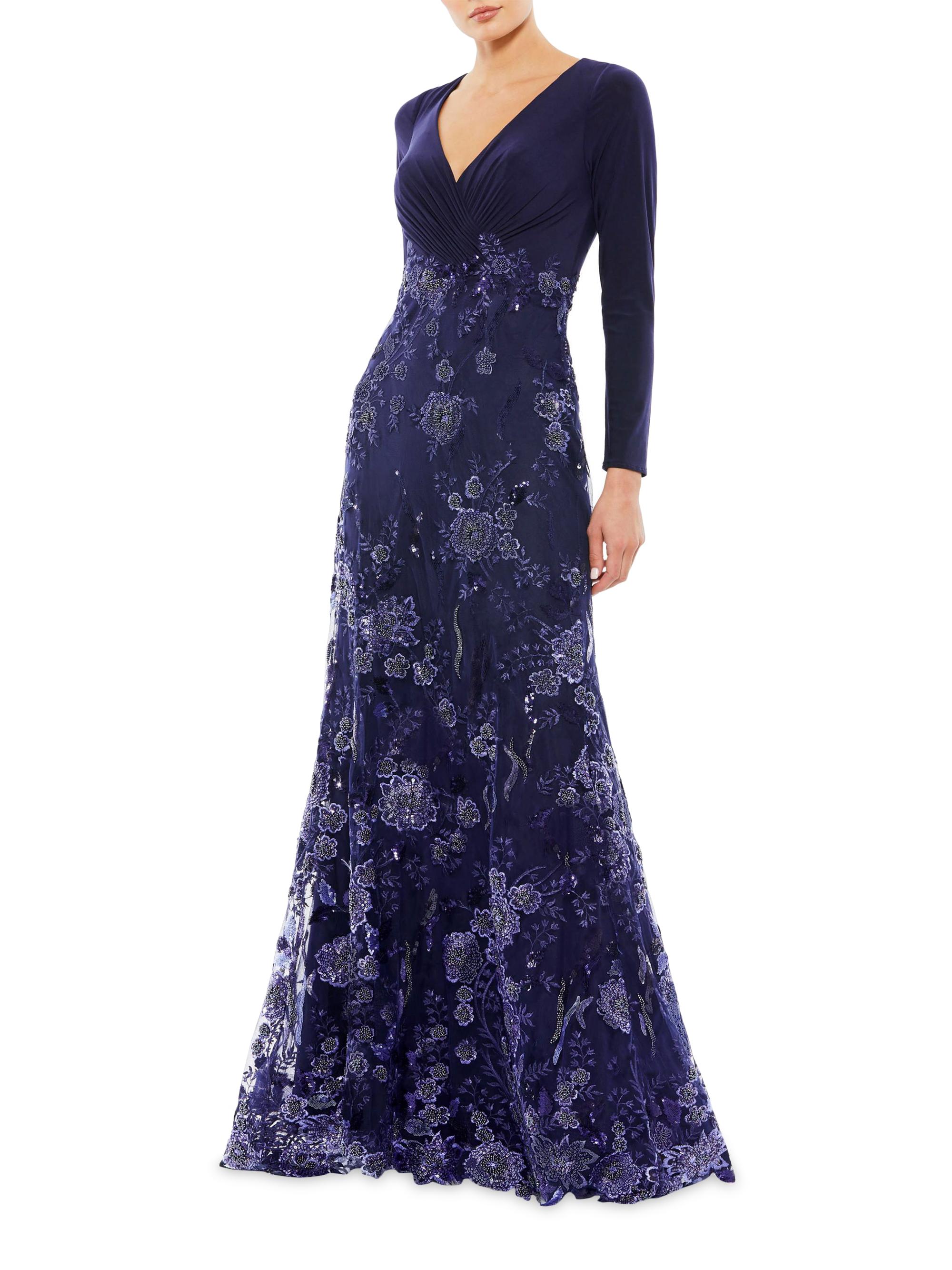 Mac Duggal Women's Floral Sequin Long-Sleeve Gown - Midnight