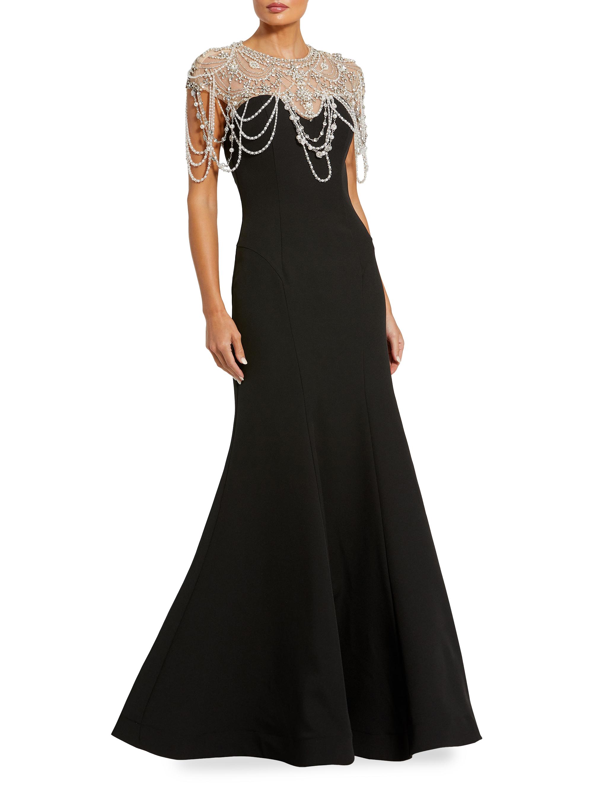 Mac Duggal - Black Draped Pearl Beaded Mermaid Gown - US 6