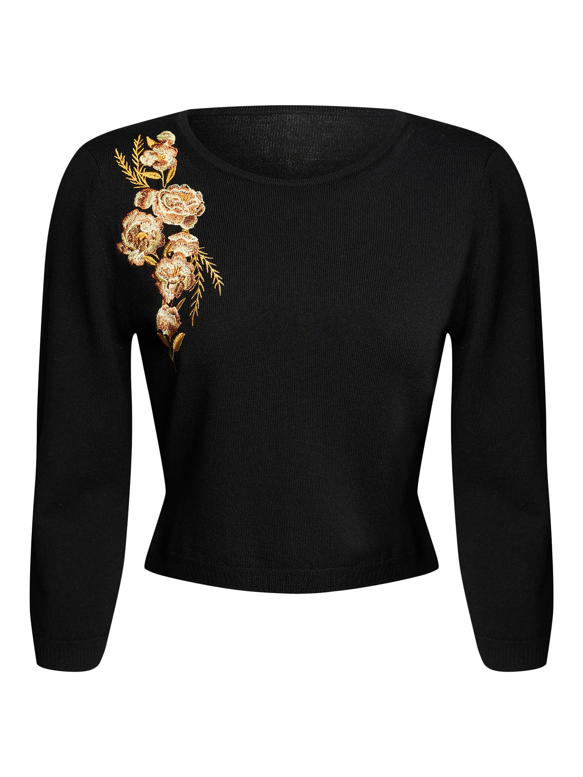 Kay Unger Women's Bethany Embroidered Merino Wool Crewneck Sweater - Black
