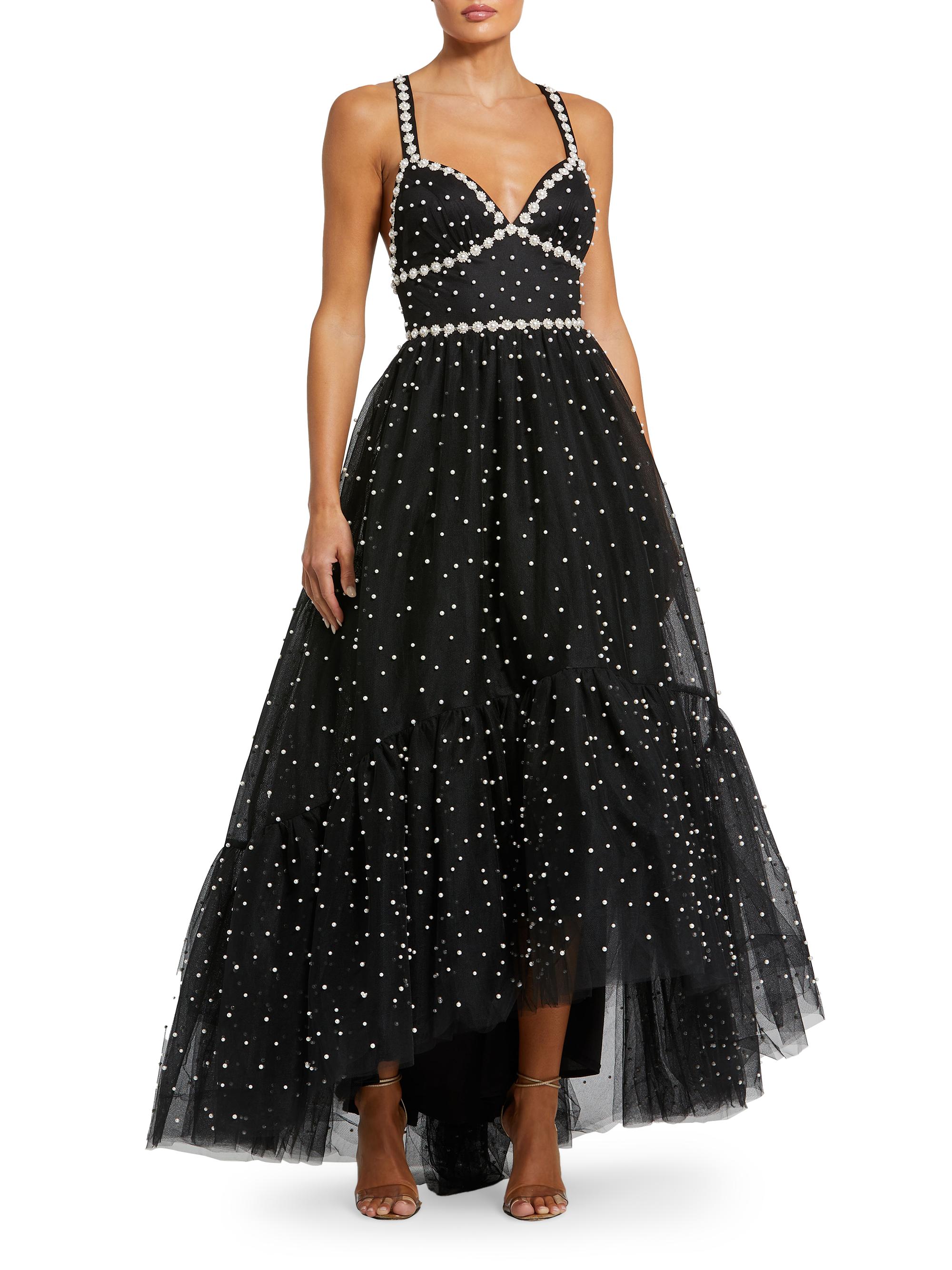 Mac Duggal Women's Tulle Faux-Pearl High-Low Gown - Black