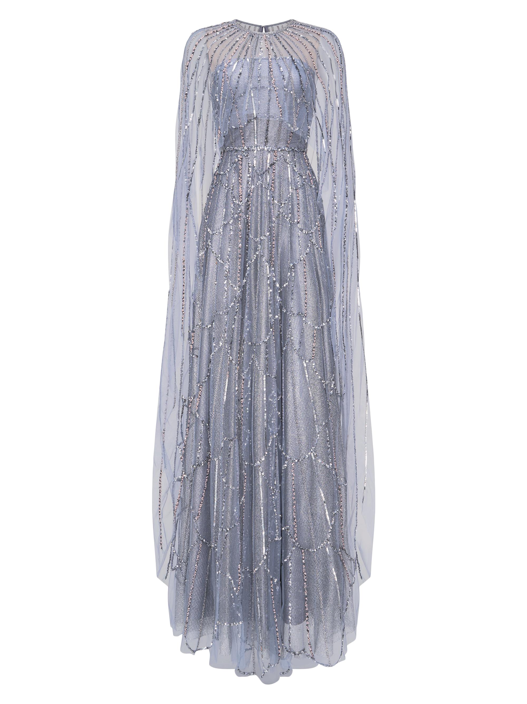 Theia Women's Cielo Beaded Cape Gown - Dusty Blue