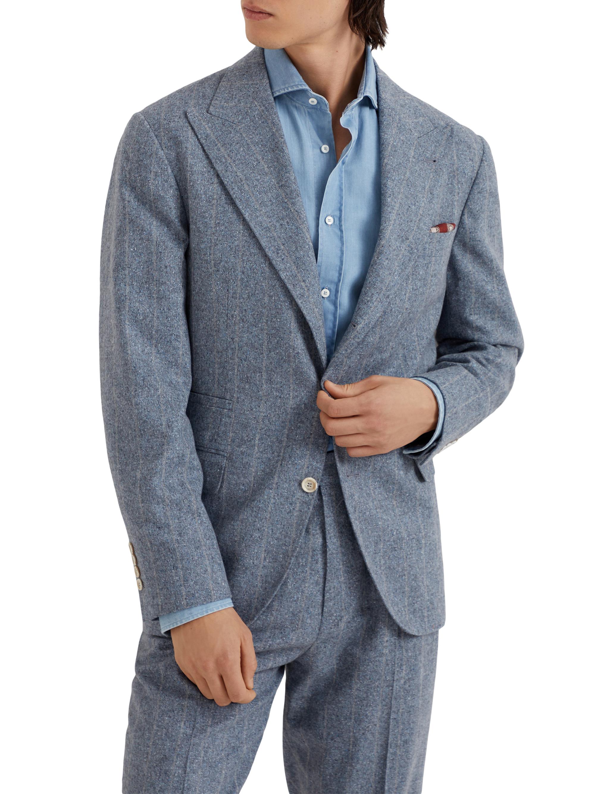 Brunello Cucinelli Men's Stripe Flannel Deconstructed Blazer with Large Peak Lapels - Azure