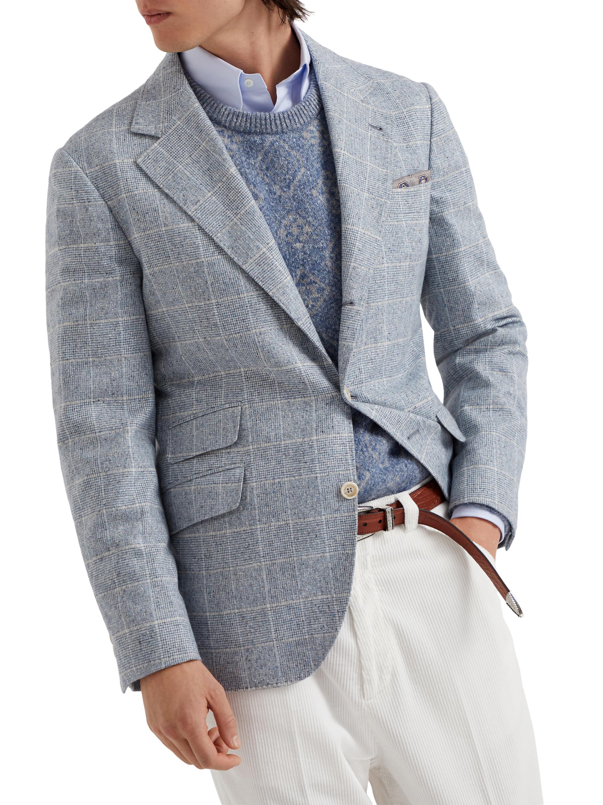 Brunello Cucinelli Men's Prince of Wales Deconstructed Cavallo Blazer - Azure