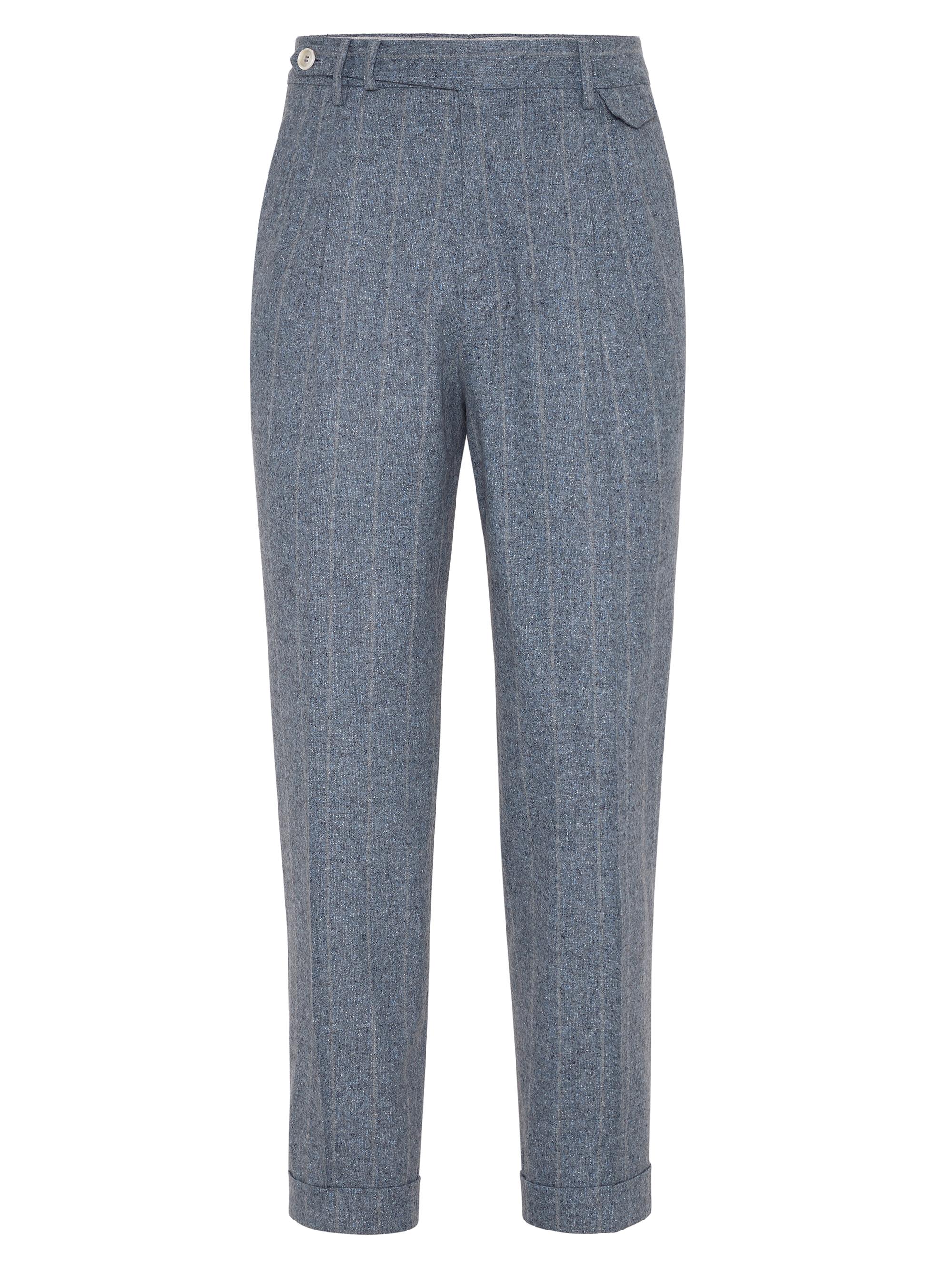 Brunello Cucinelli Men's Stripe Flannel Leisure Fit Trousers with Double Pleats - Azure