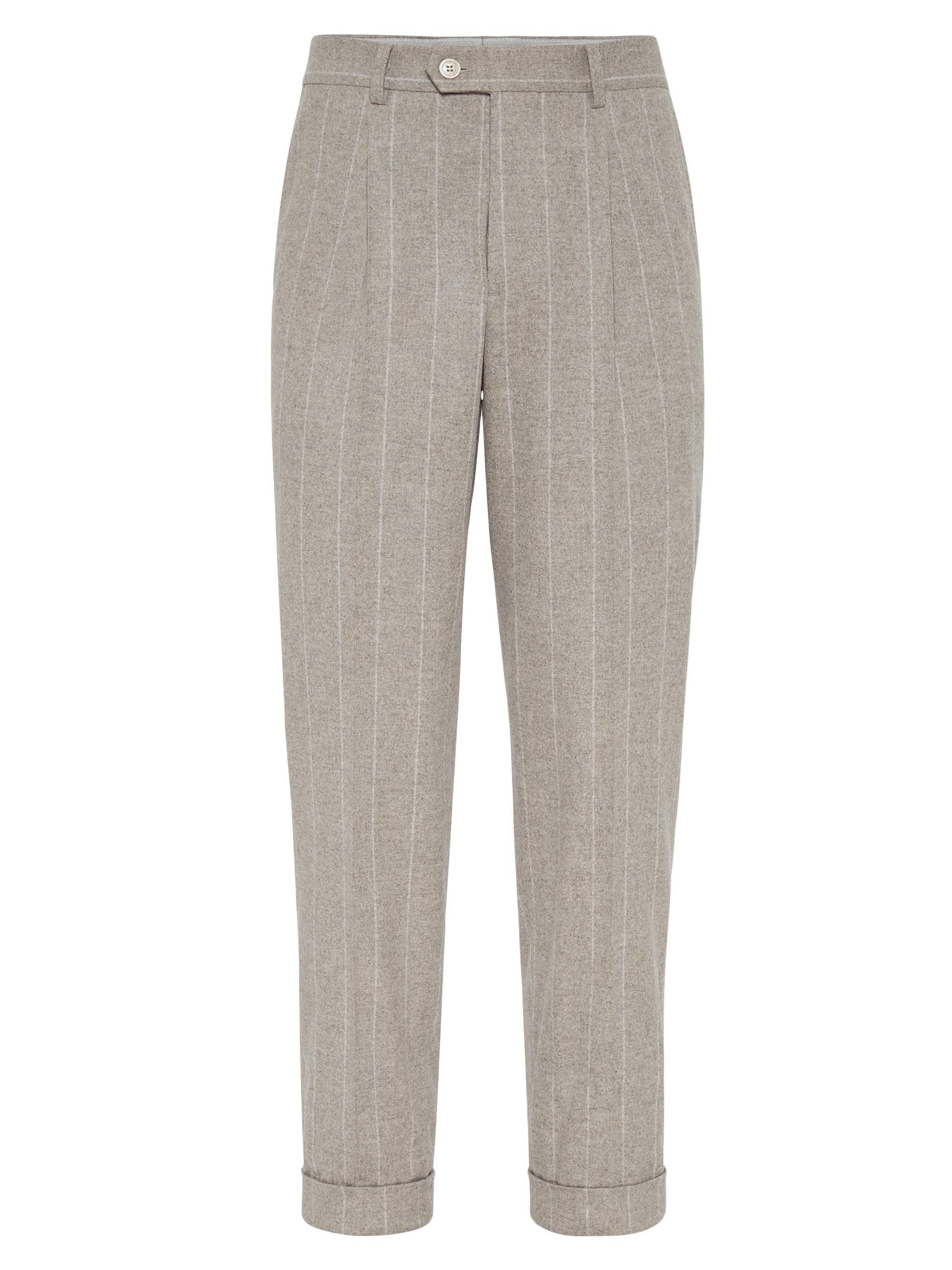 Brunello Cucinelli Men's Stripe Combed Flannel Leisure Fit Trousers with Pleats - Stone Grey