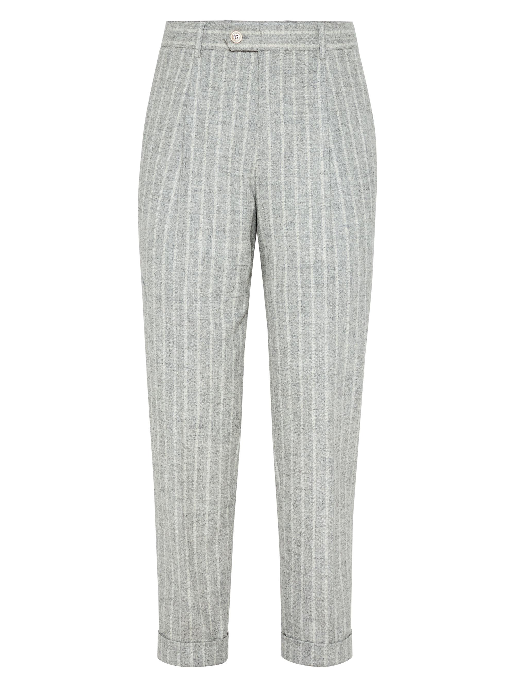 Brunello Cucinelli Men's Stripe Leisure Fit Trousers with Pleats - Pearl Grey