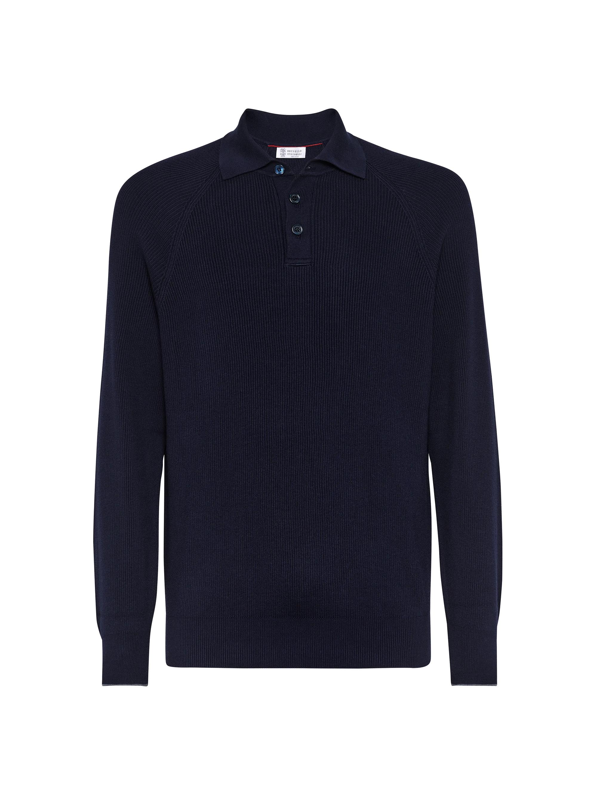 Brunello Cucinelli Men's Cotton English Rib Knit Polo with Long Raglan Sleeves - Navy Blue