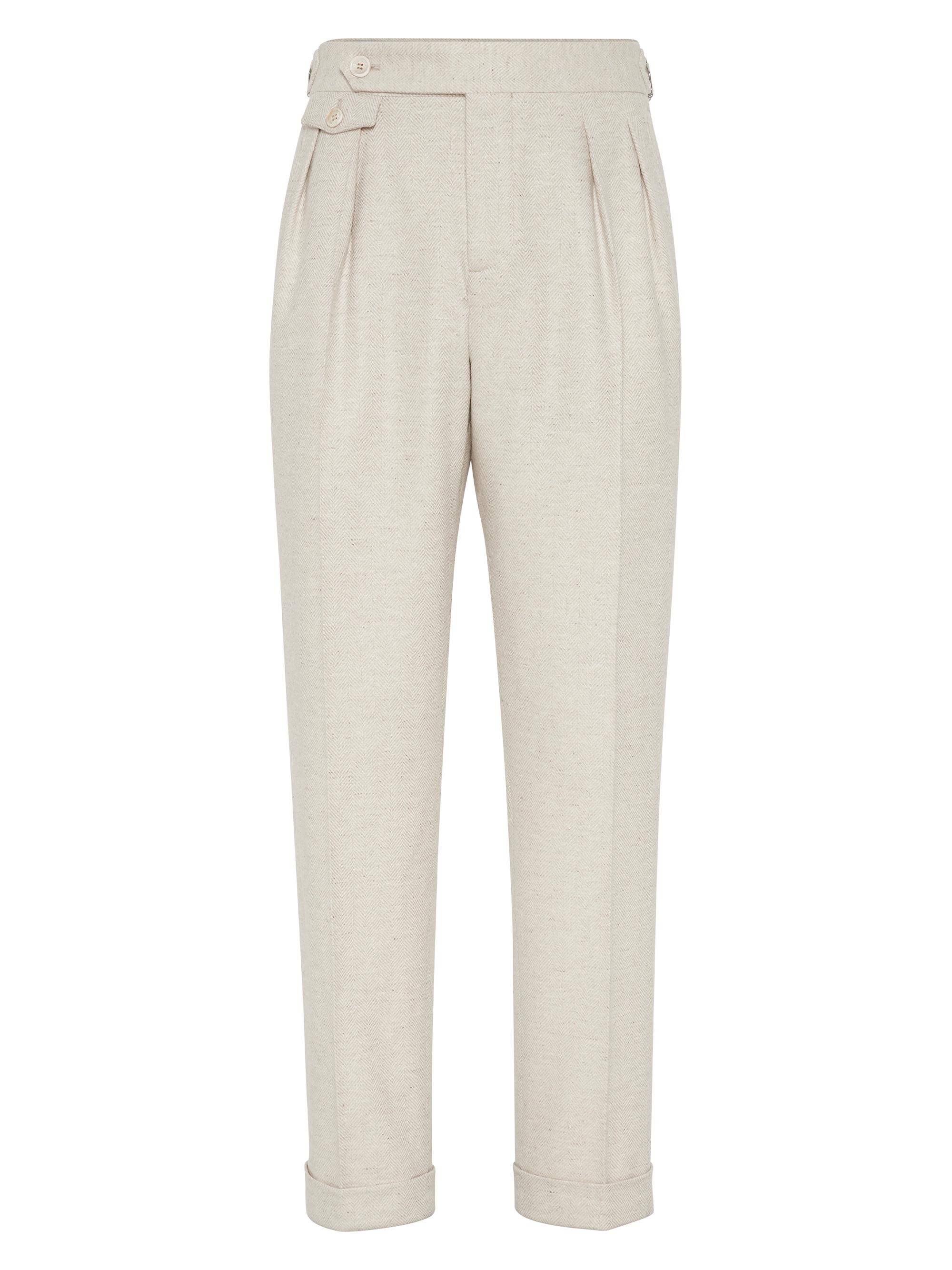 Brunello Cucinelli Men's Leisure Fit Trousers with Pleats and Waist Tabs - Butter